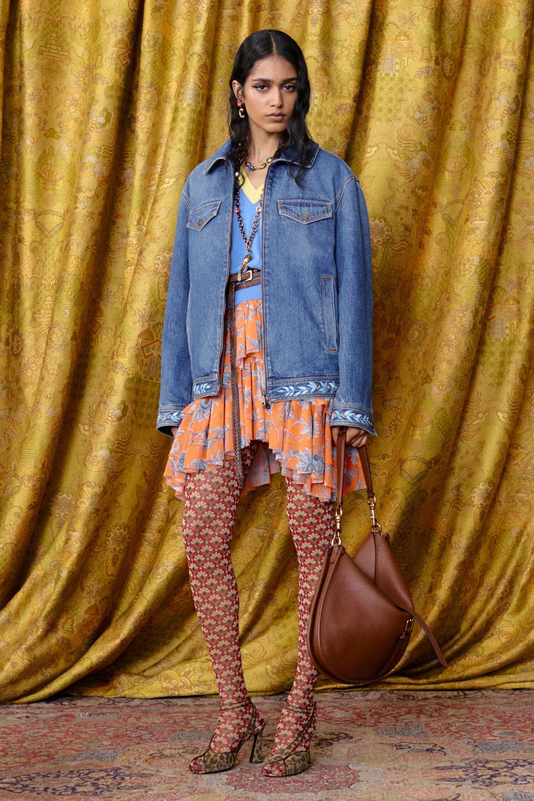 blue denim jacket orange tiered dress