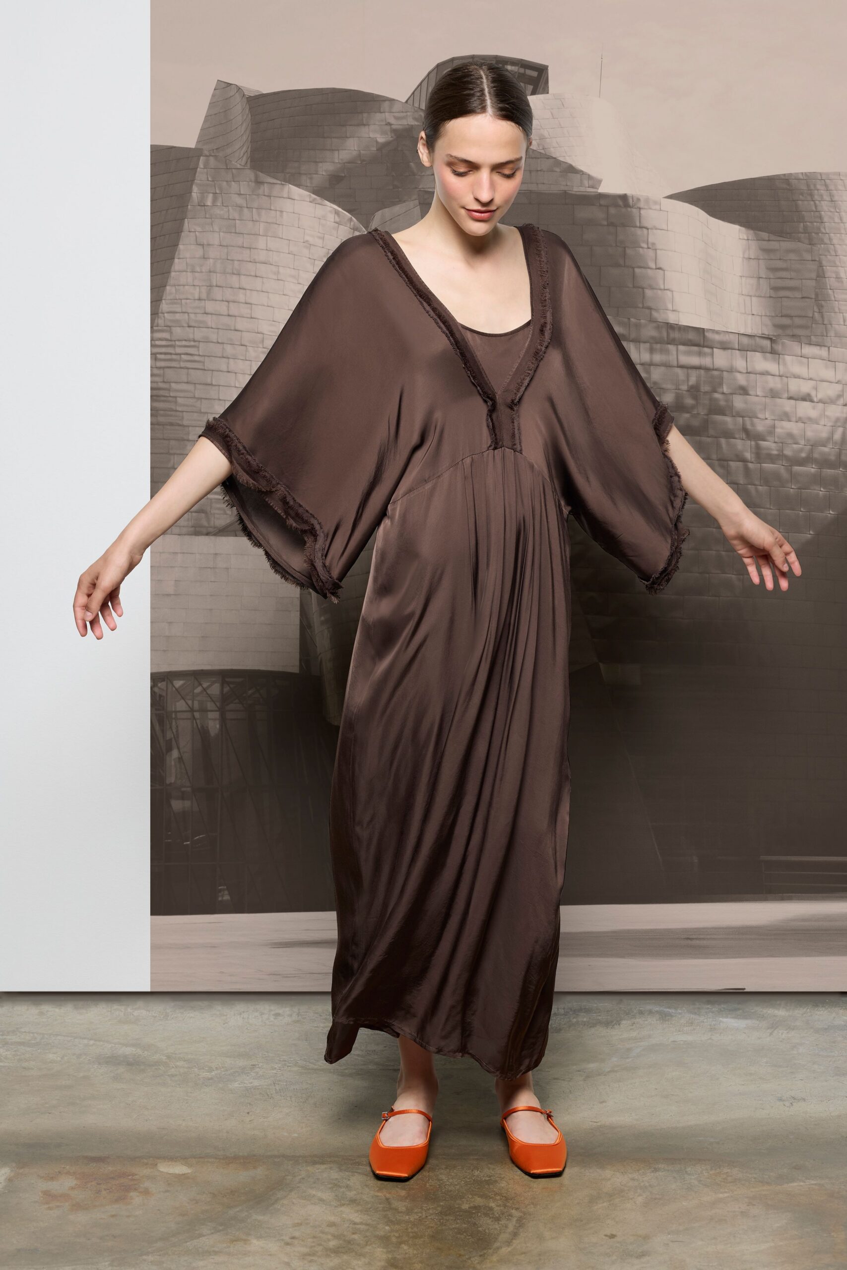 brown silk sleeveless v-neck relaxed draped flowing dress
