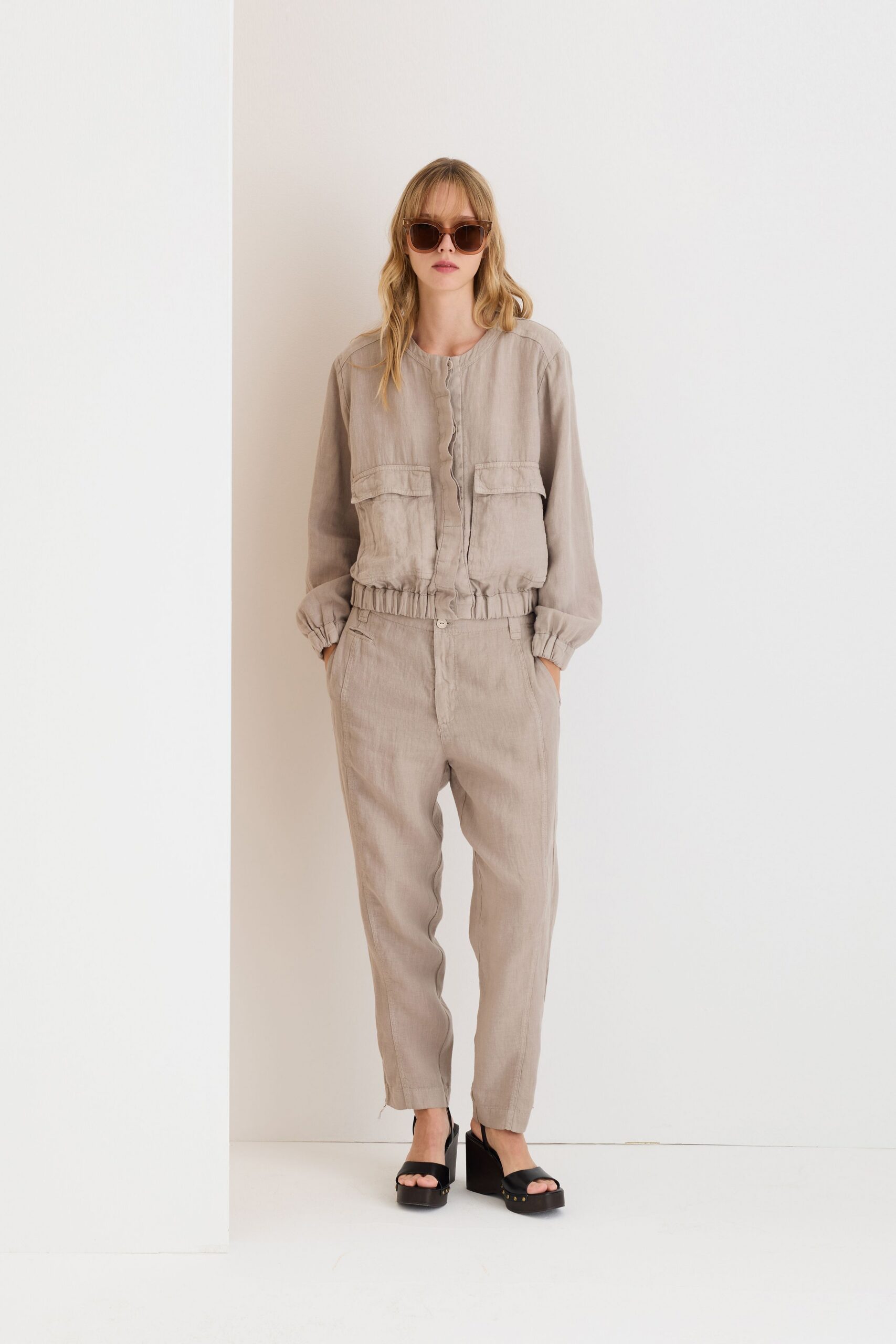 beige linen top and pants