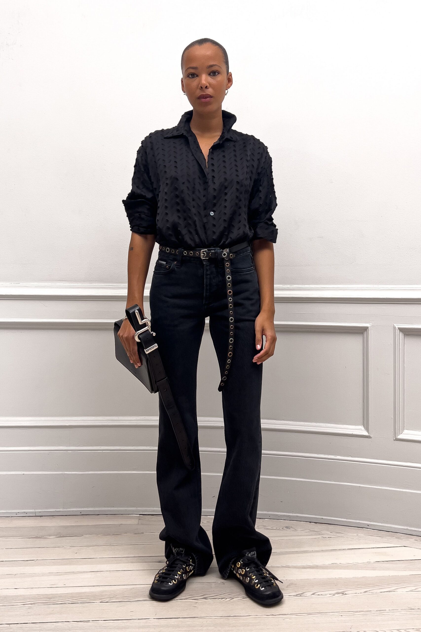 black fitted shirt and pants