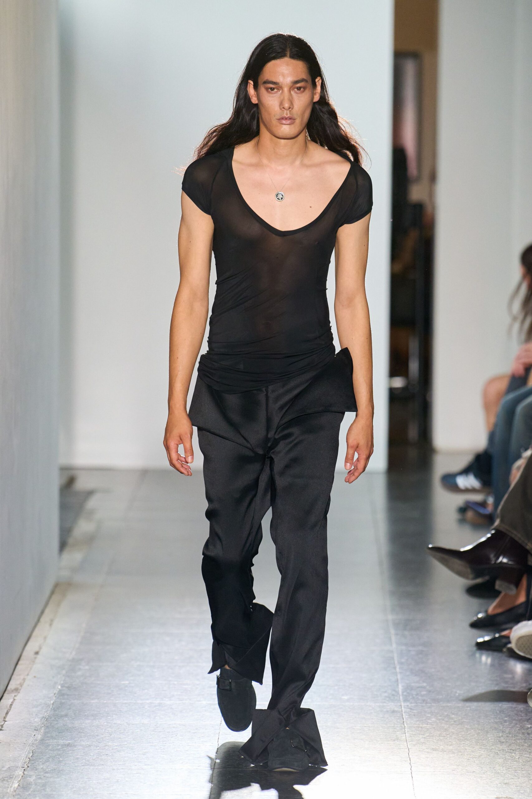 black fitted mesh top and pants