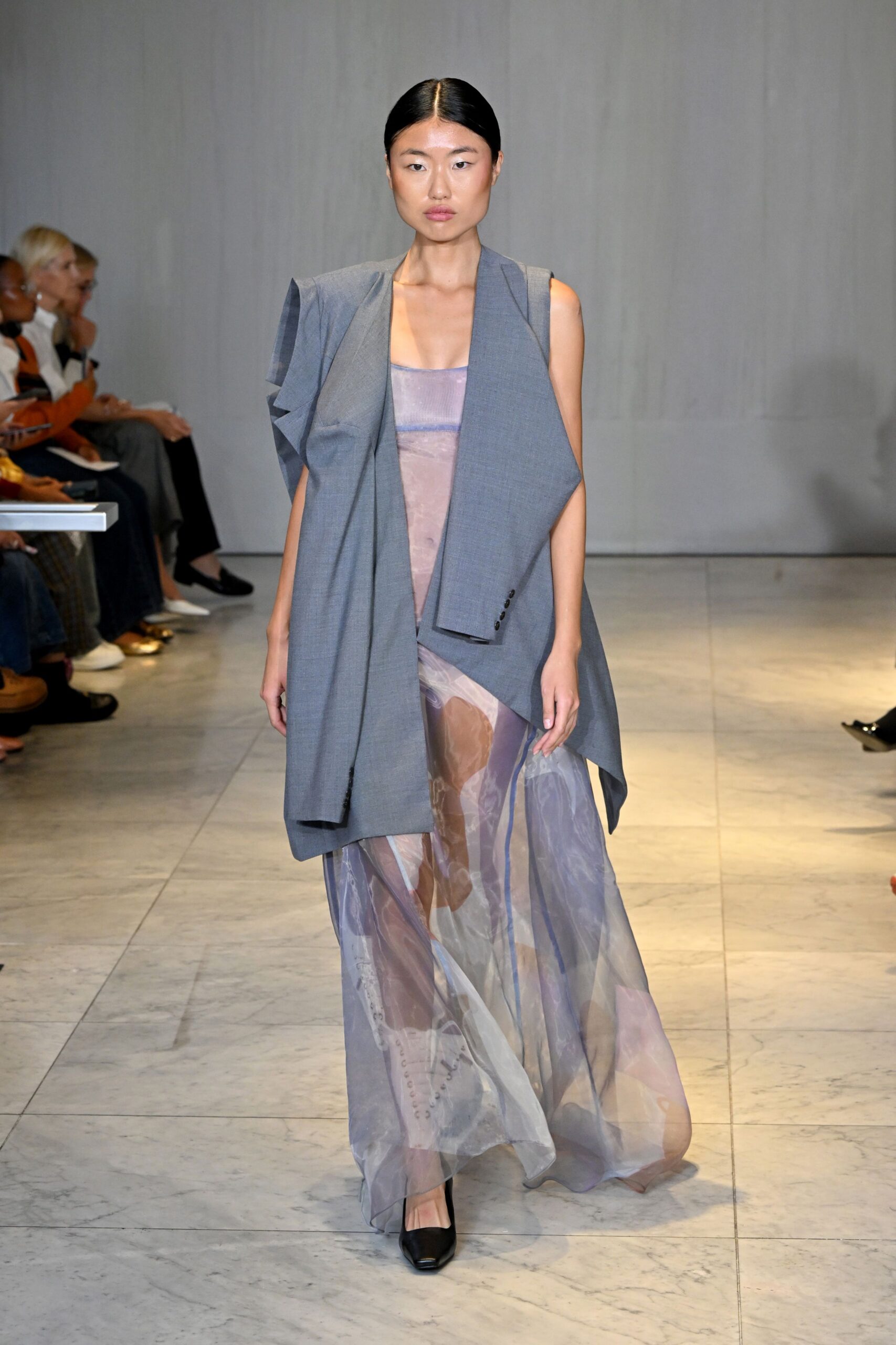 gray silk sleeveless v-neck fitted layered dress
