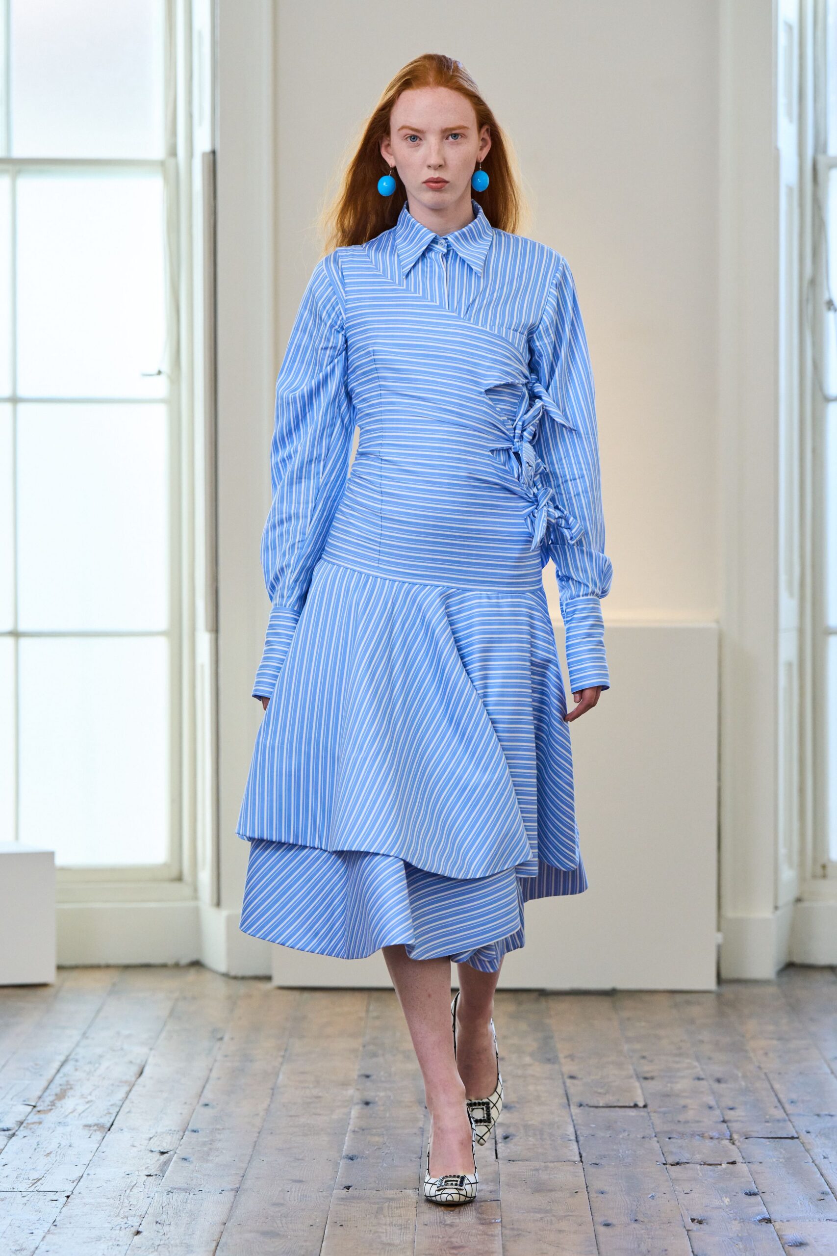 blue and white pleated midi dress