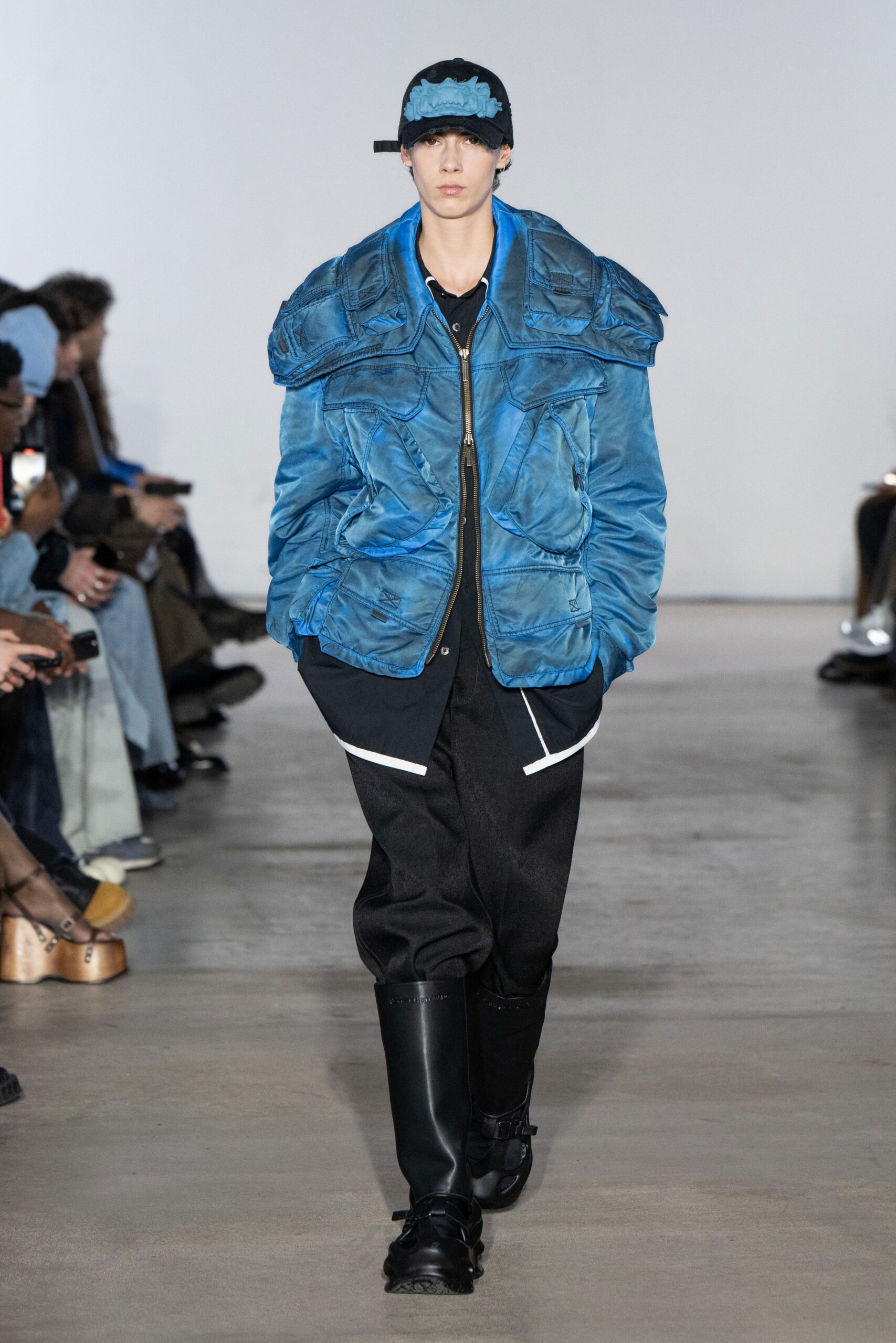 blue cotton long-sleeve collared oversized zippered layered jacket