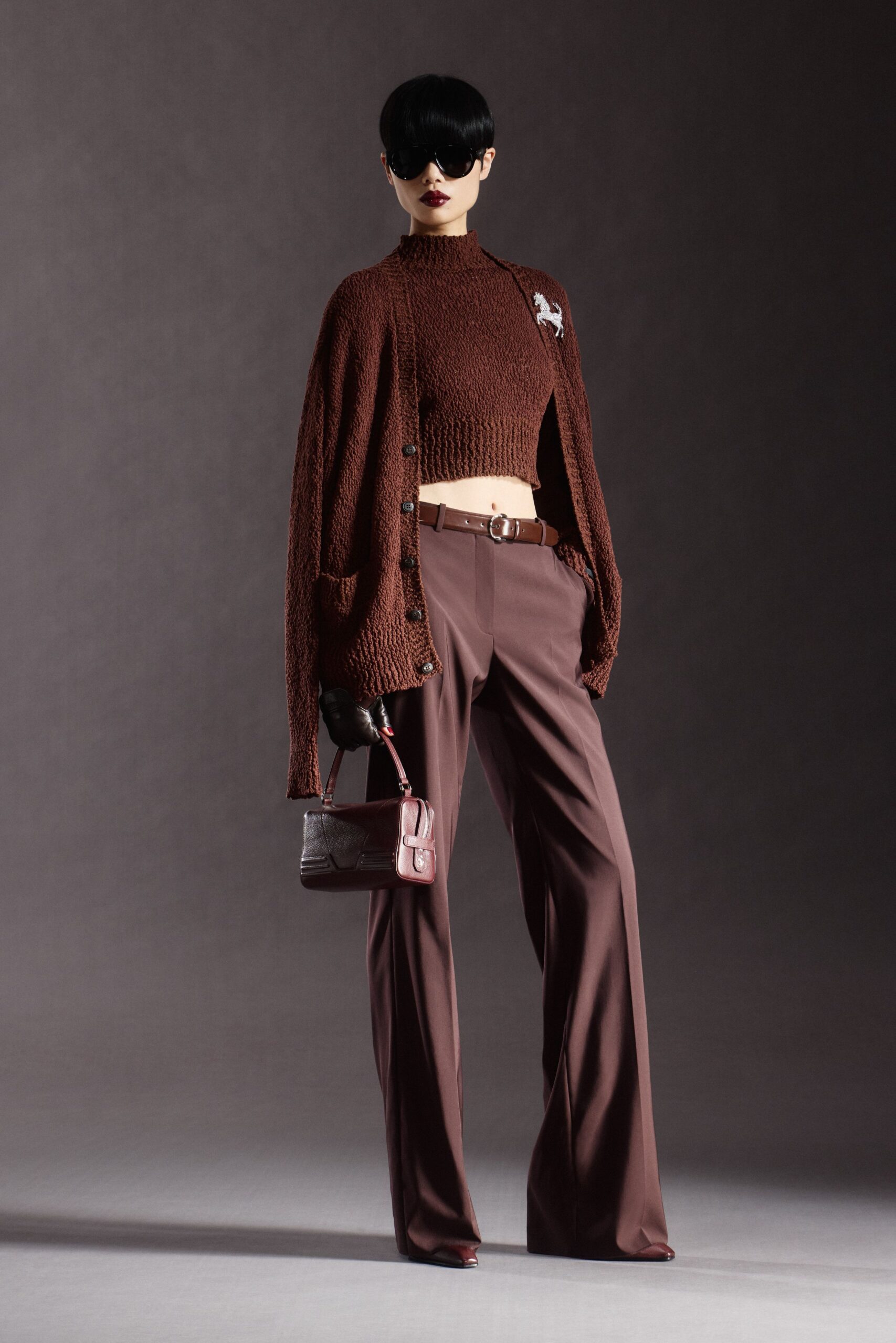 brown cardigan crop-top tailored pants