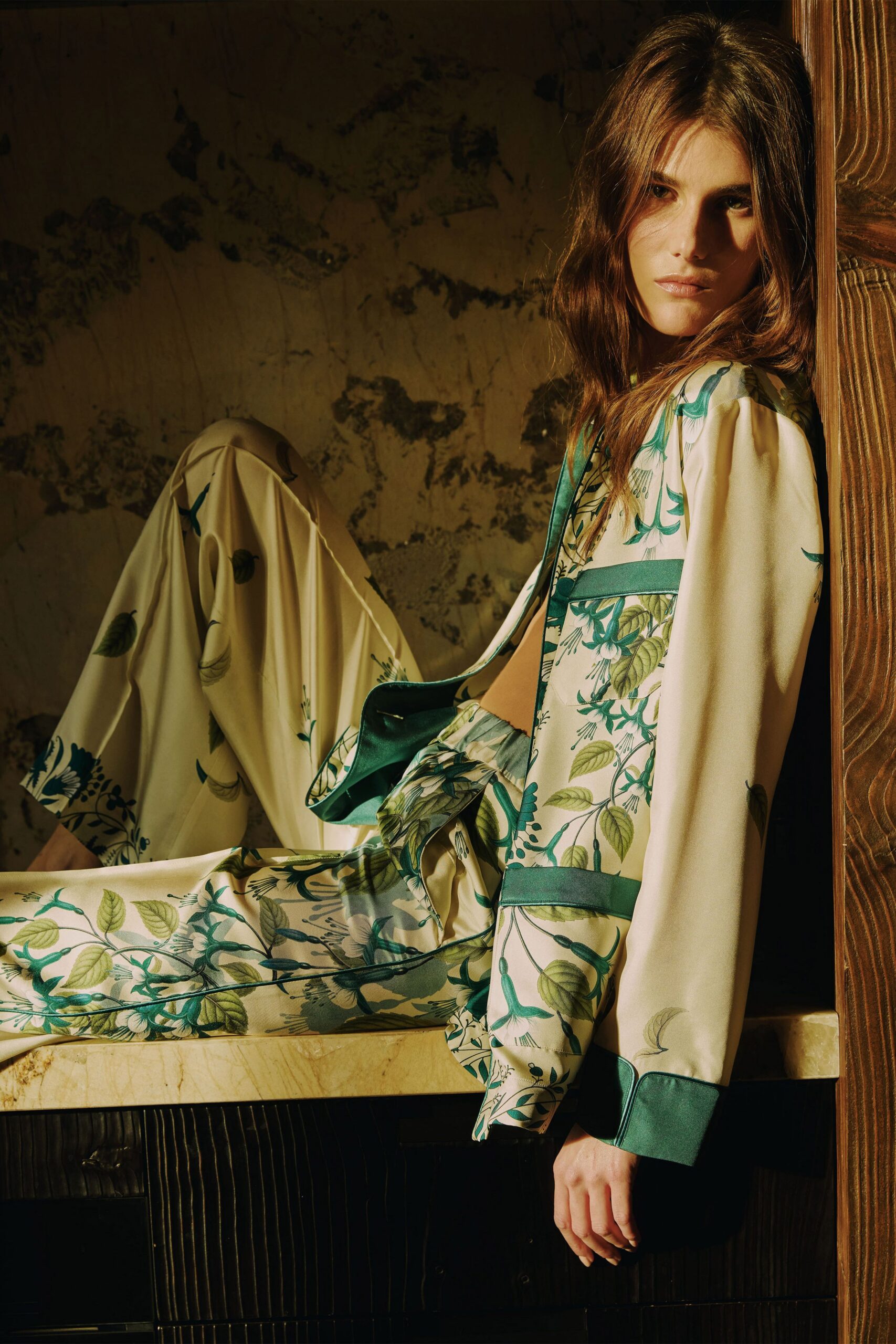 beige silk long-sleeve collared relaxed floral buttoned jacket