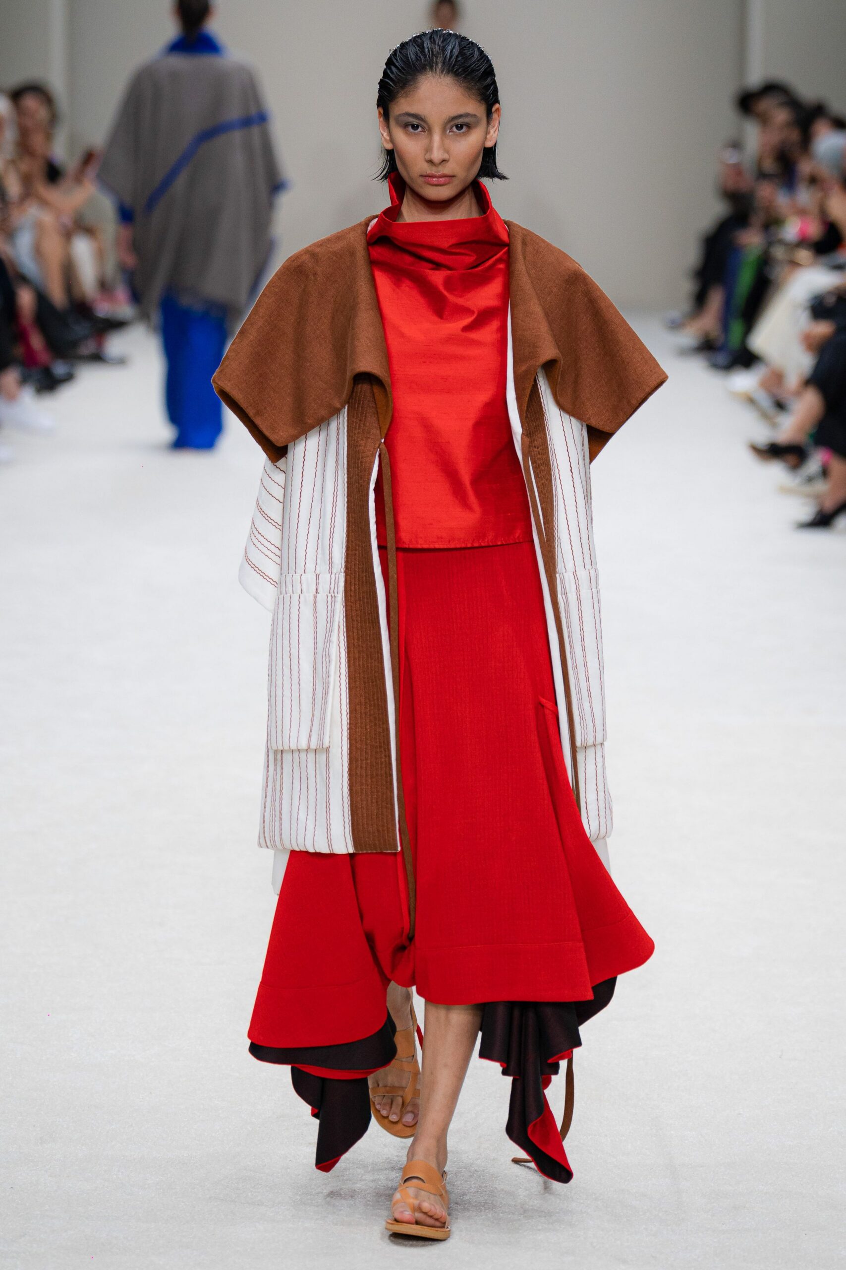 brown cotton long-sleeve relaxed striped cape