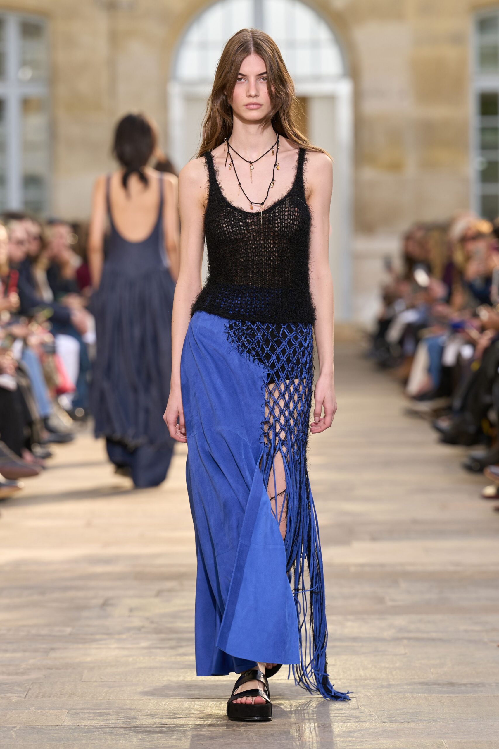 blue suede slit fitted high-waisted layered maxi skirt