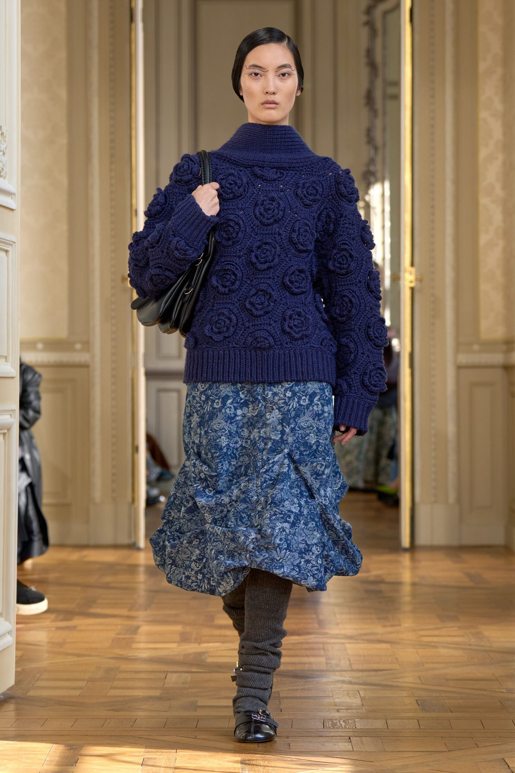 blue cotton relaxed flared midi skirt