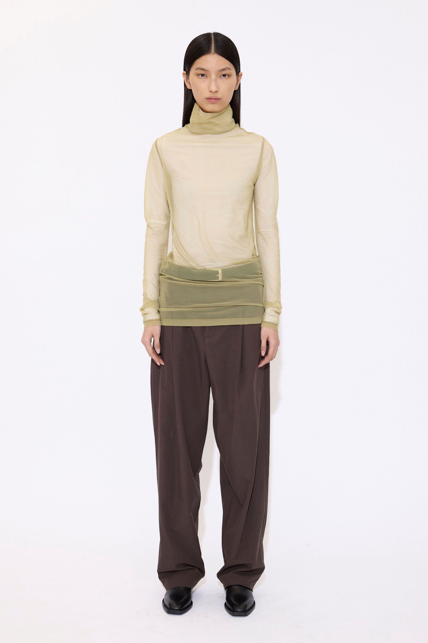 yellow mesh long-sleeve turtleneck fitted sheer top