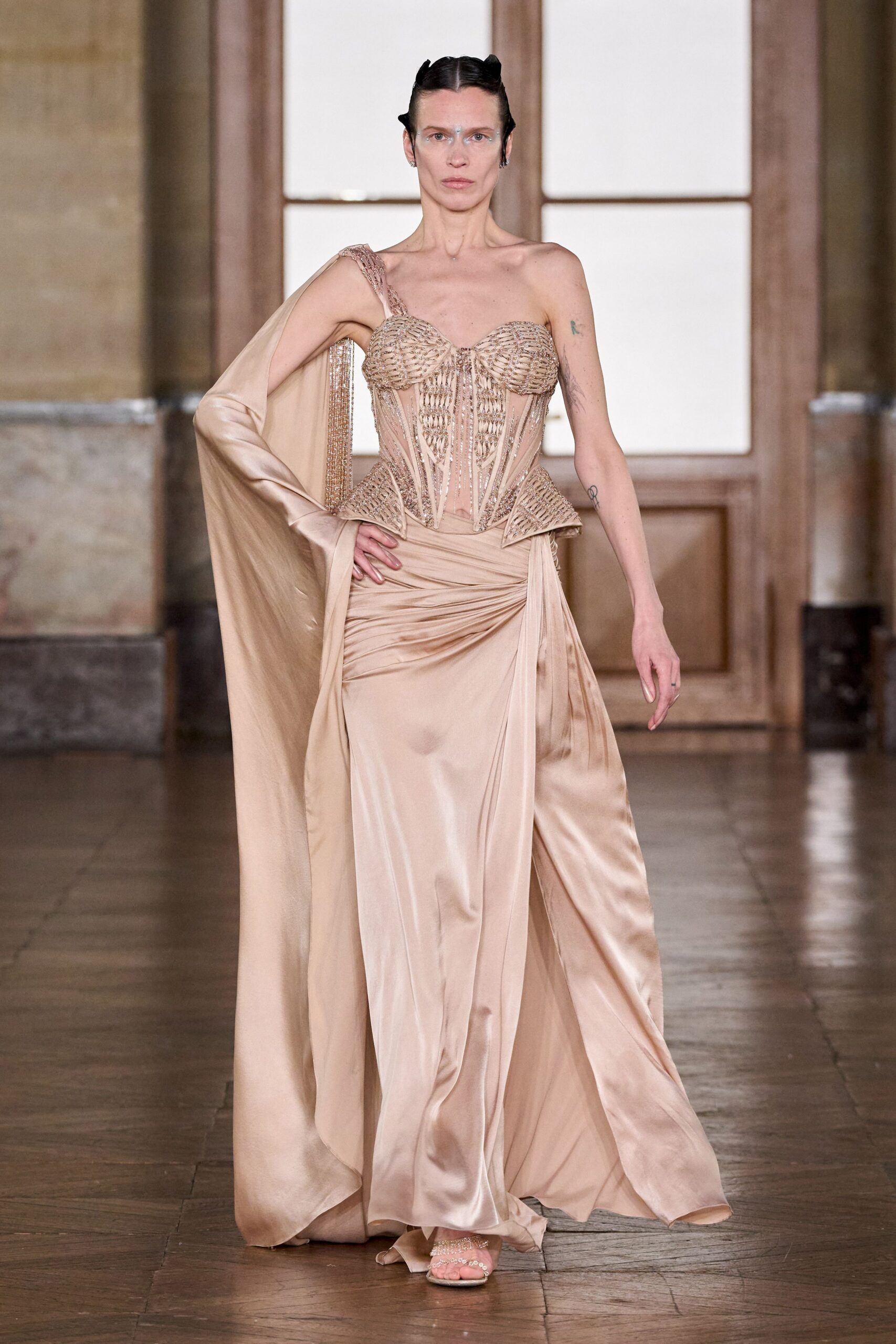 beige silk strapless gown