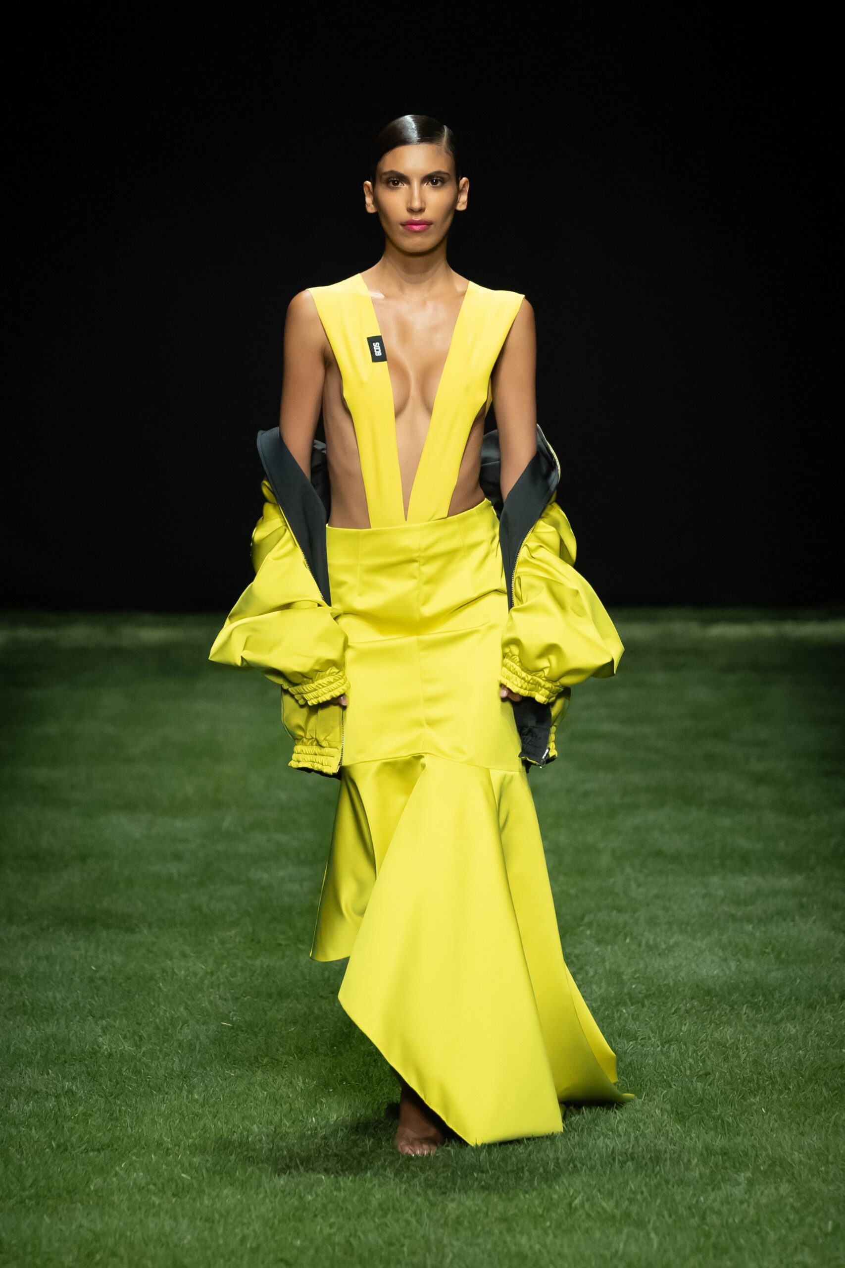 yellow silk sleeveless v-neck fitted flared maxi gown