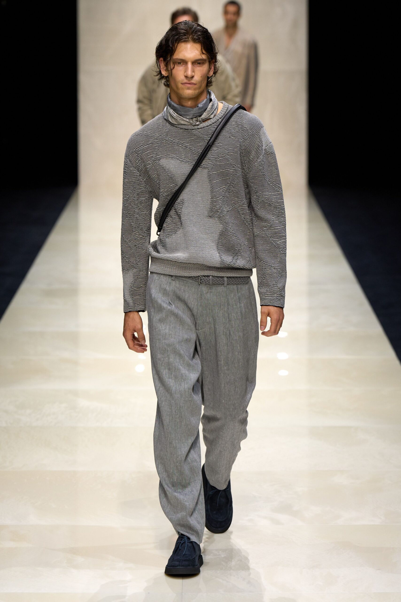 gray cotton long-sleeve high-neck relaxed textured sweater