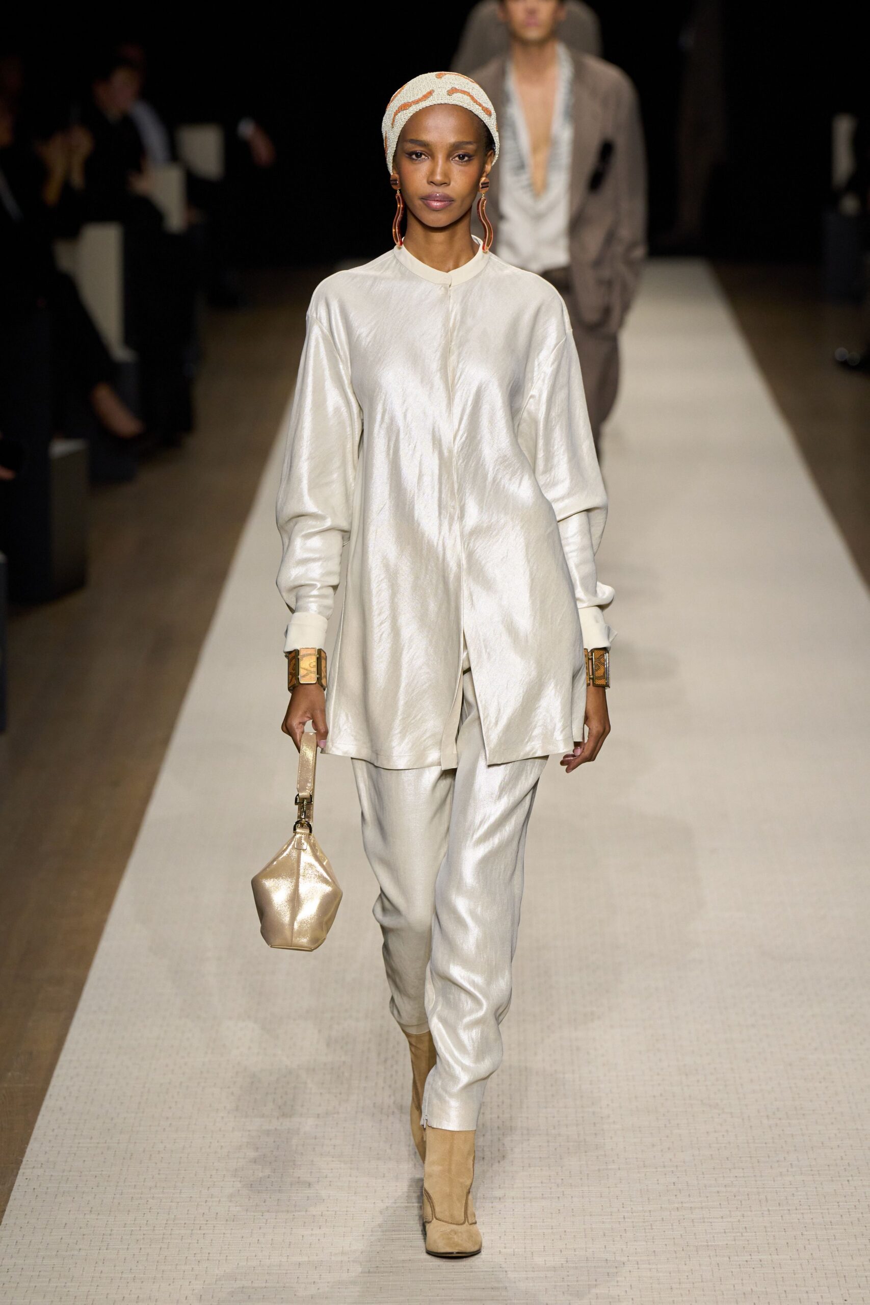 white silk long-sleeve collared relaxed buttoned shiny top
