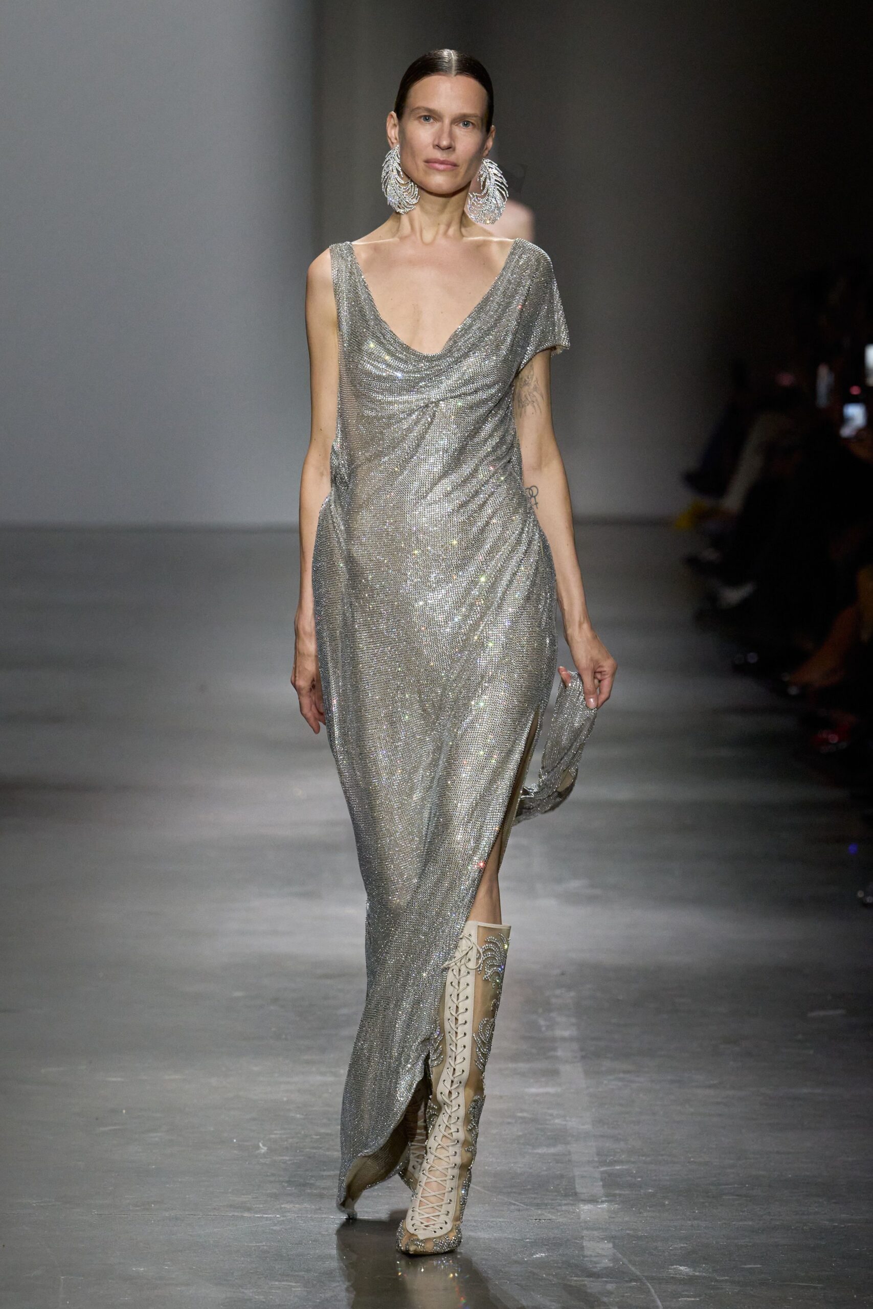gray silk sleeveless v-neck fitted draped gown
