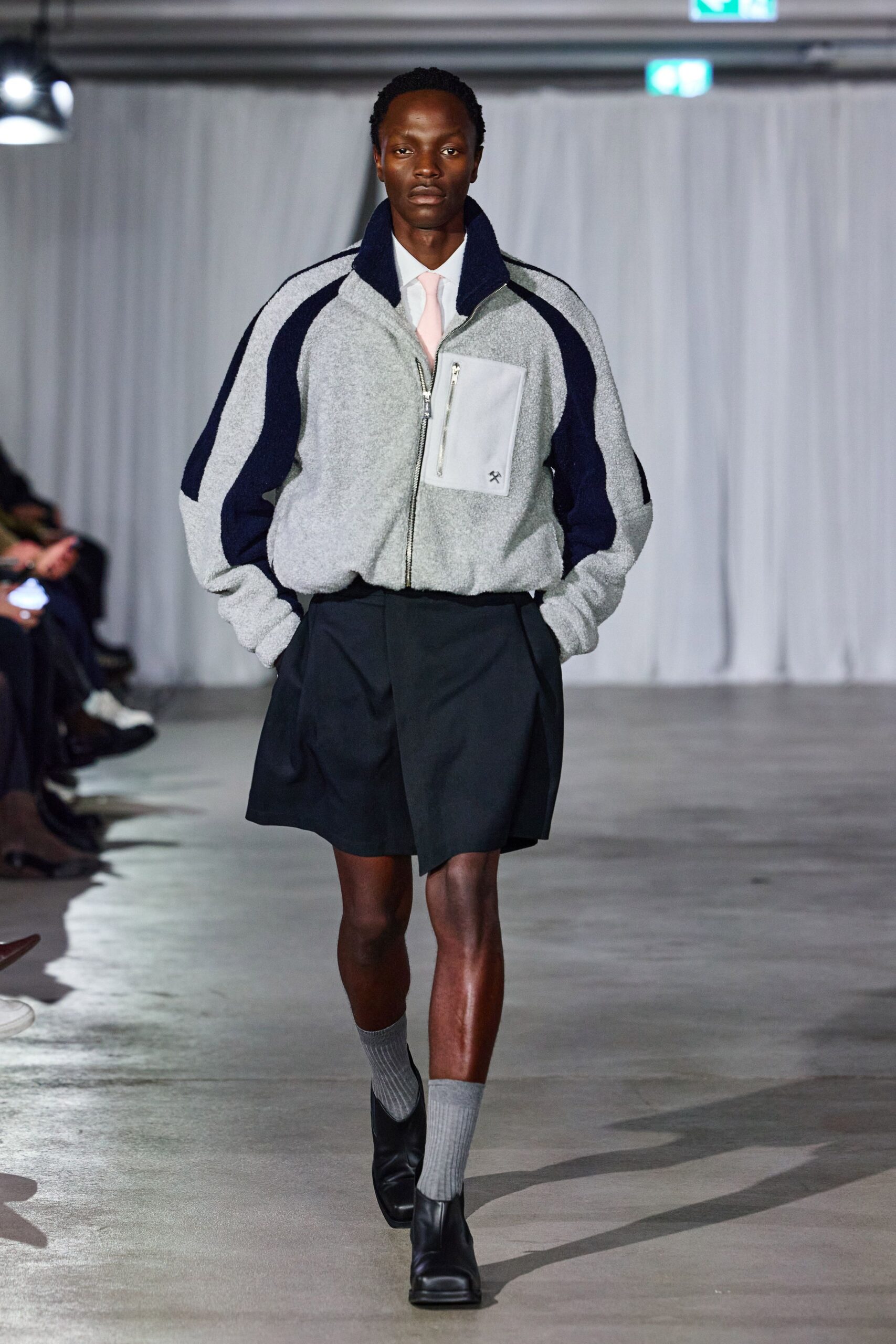 gray relaxed jacket with black shorts