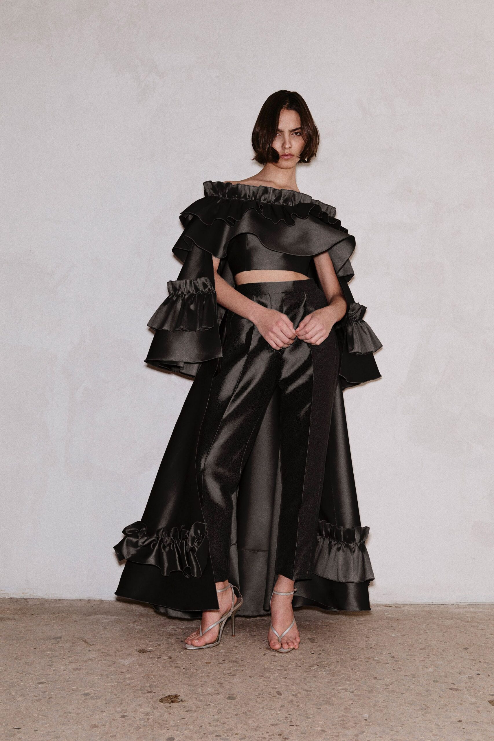 black silk ruffled top and pants
