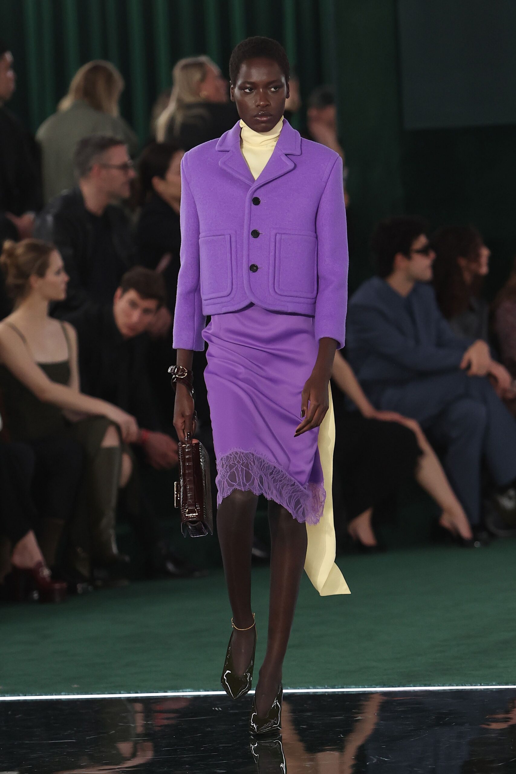 purple wool long-sleeve collared structured buttoned jacket