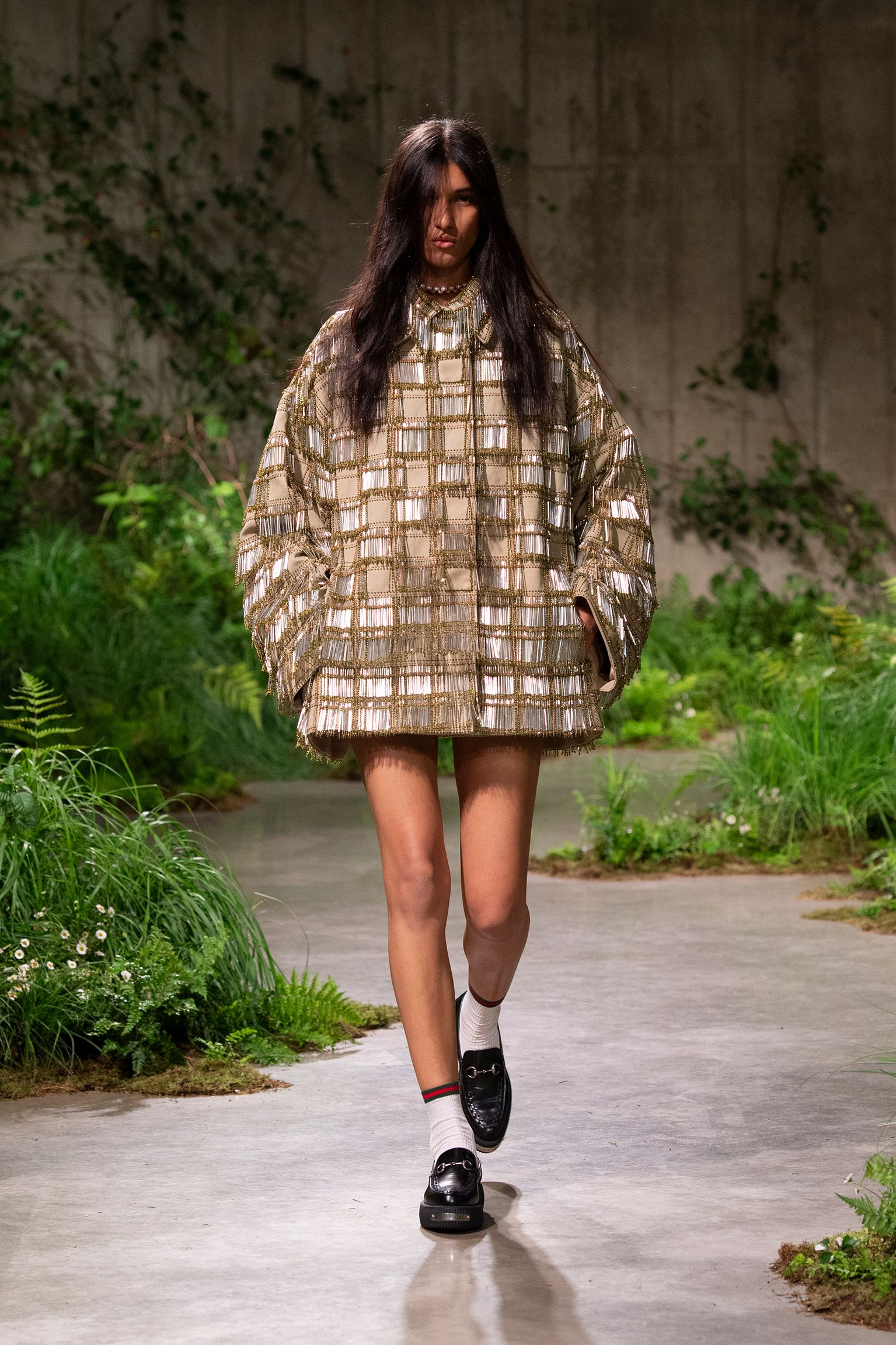 gold silk long-sleeve high-neck oversized layered pleated top