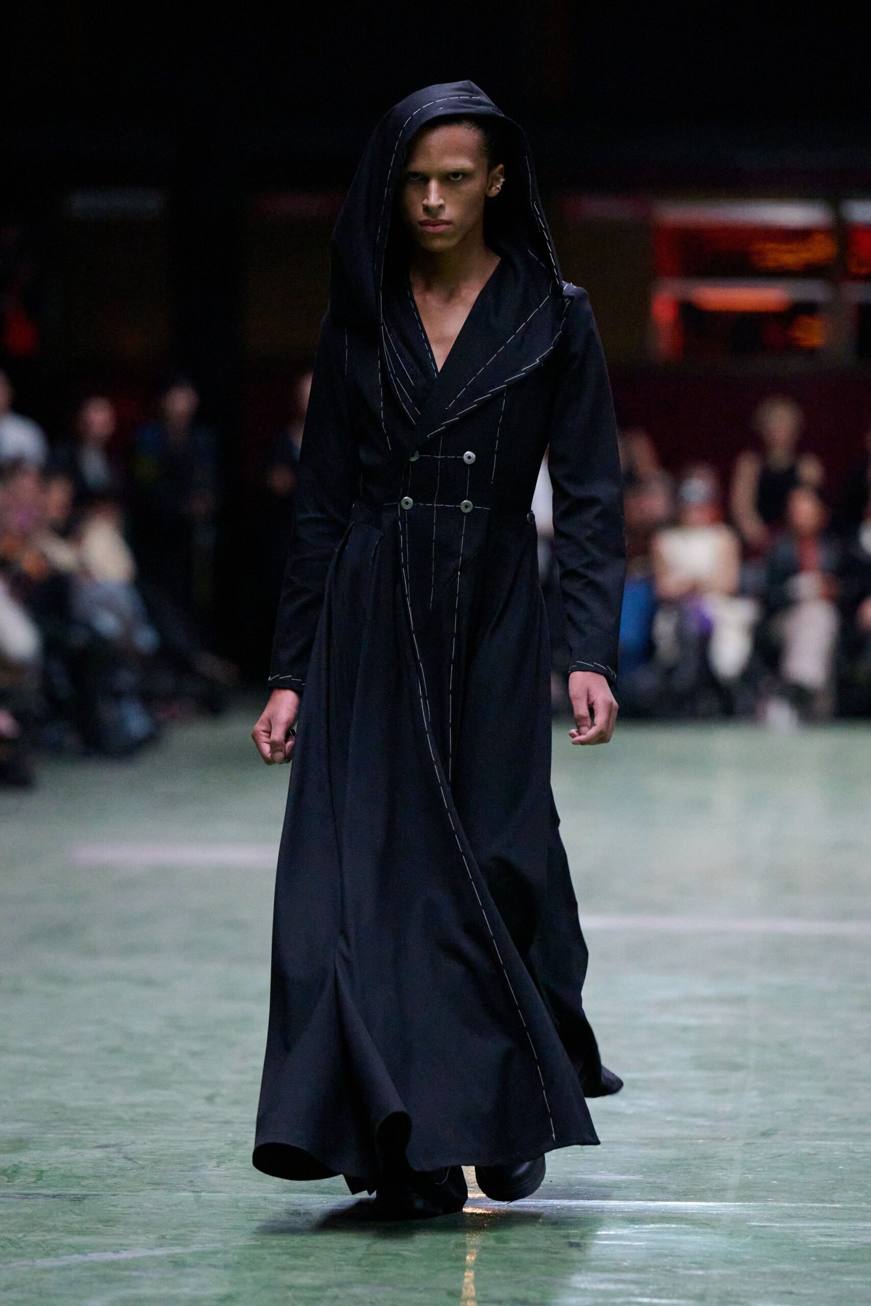 black fitted long-sleeve gown