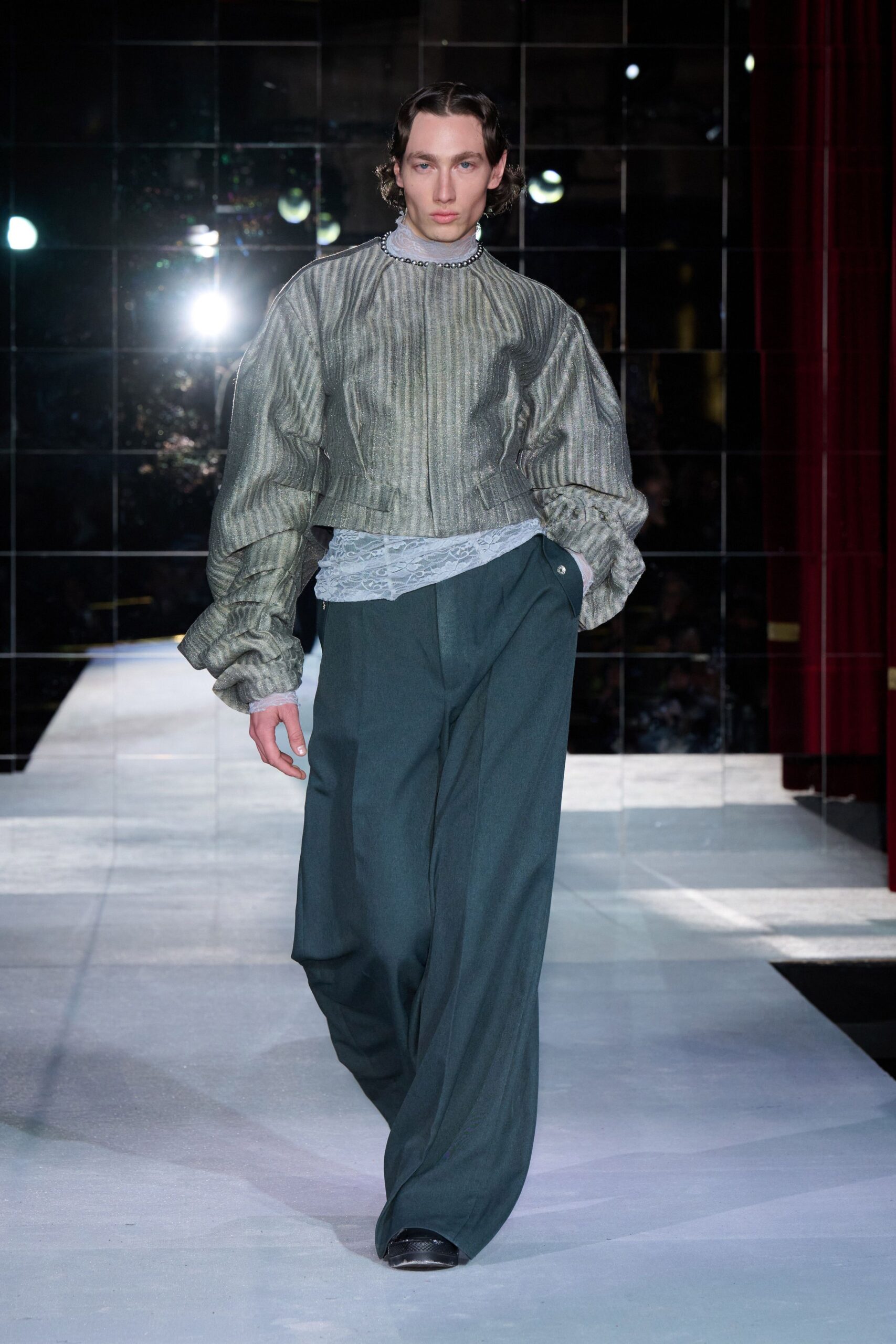 green wool tailored wide-leg pants