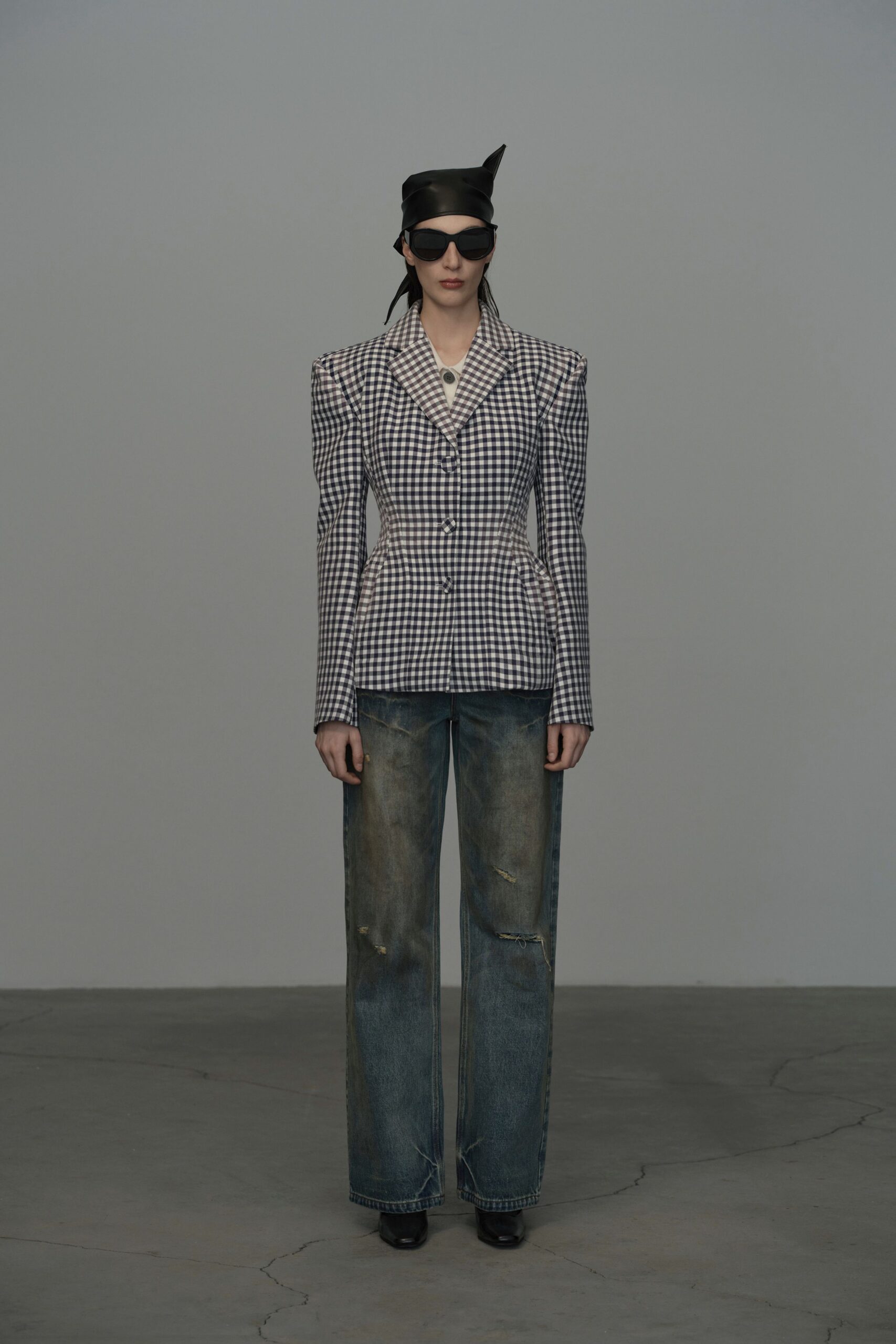 checked blazer with distressed jeans