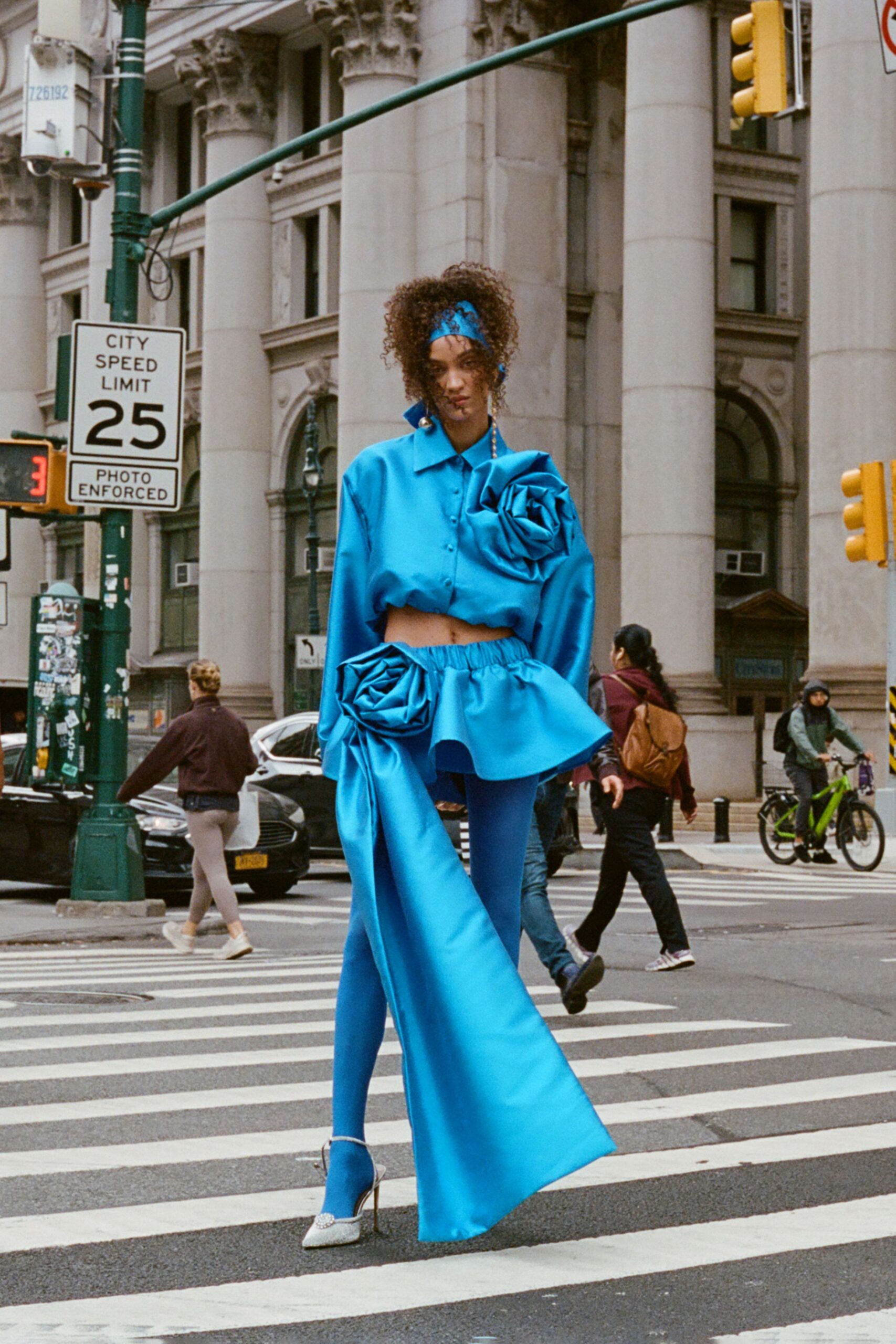 blue satin long-sleeve collared fitted ruffled embellished top