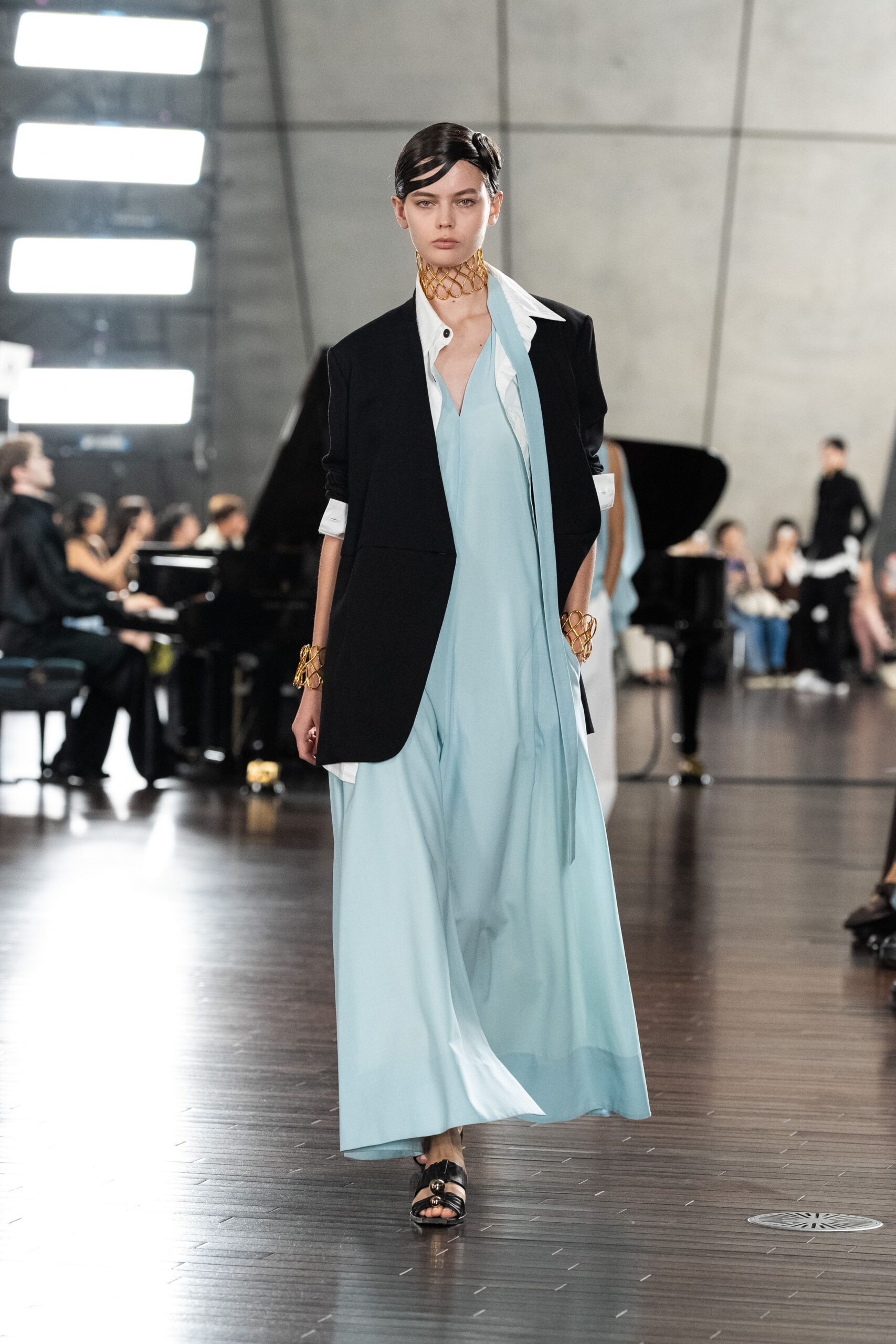 blue silk maxi dress with black blazer