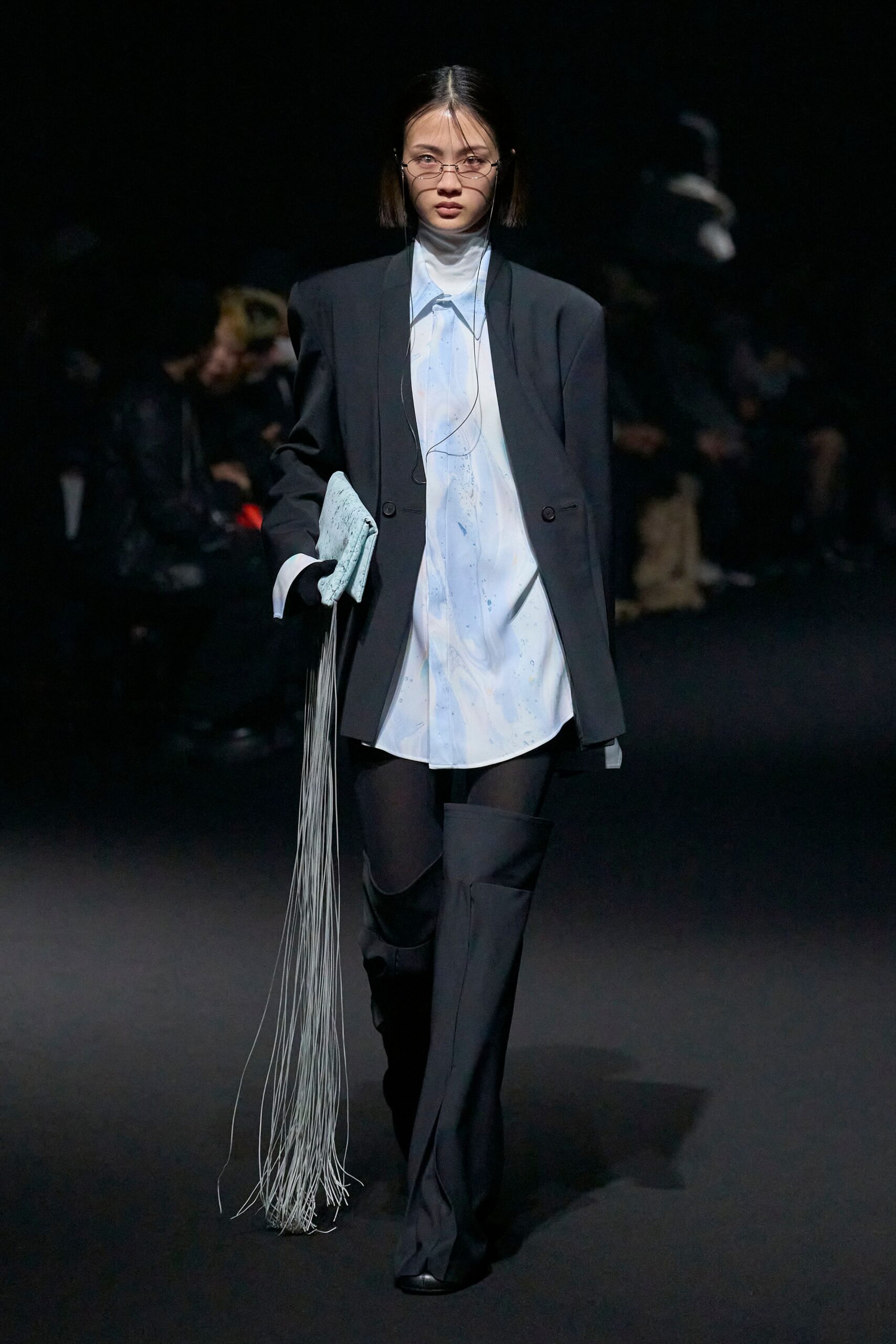 black blazer blue shirt fitted pants