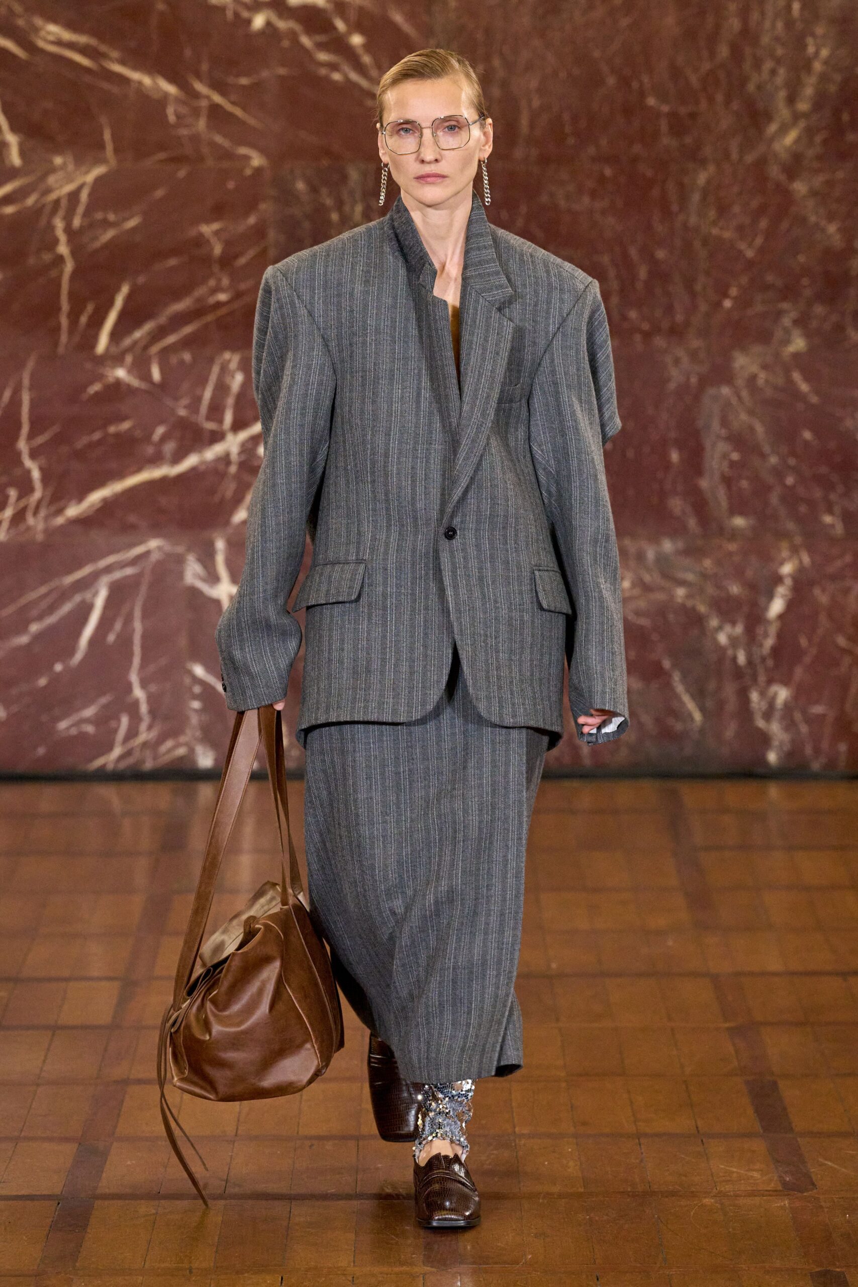 gray wool blazer and skirt