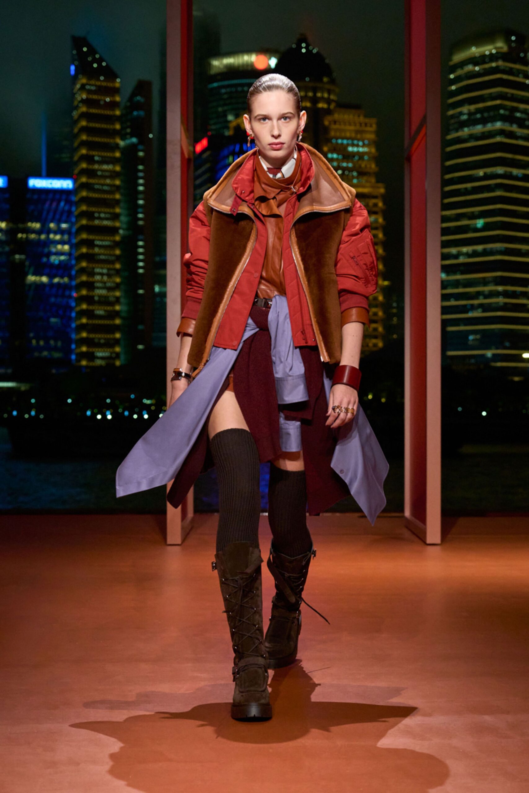 red leather long-sleeve collared relaxed zippered jacket