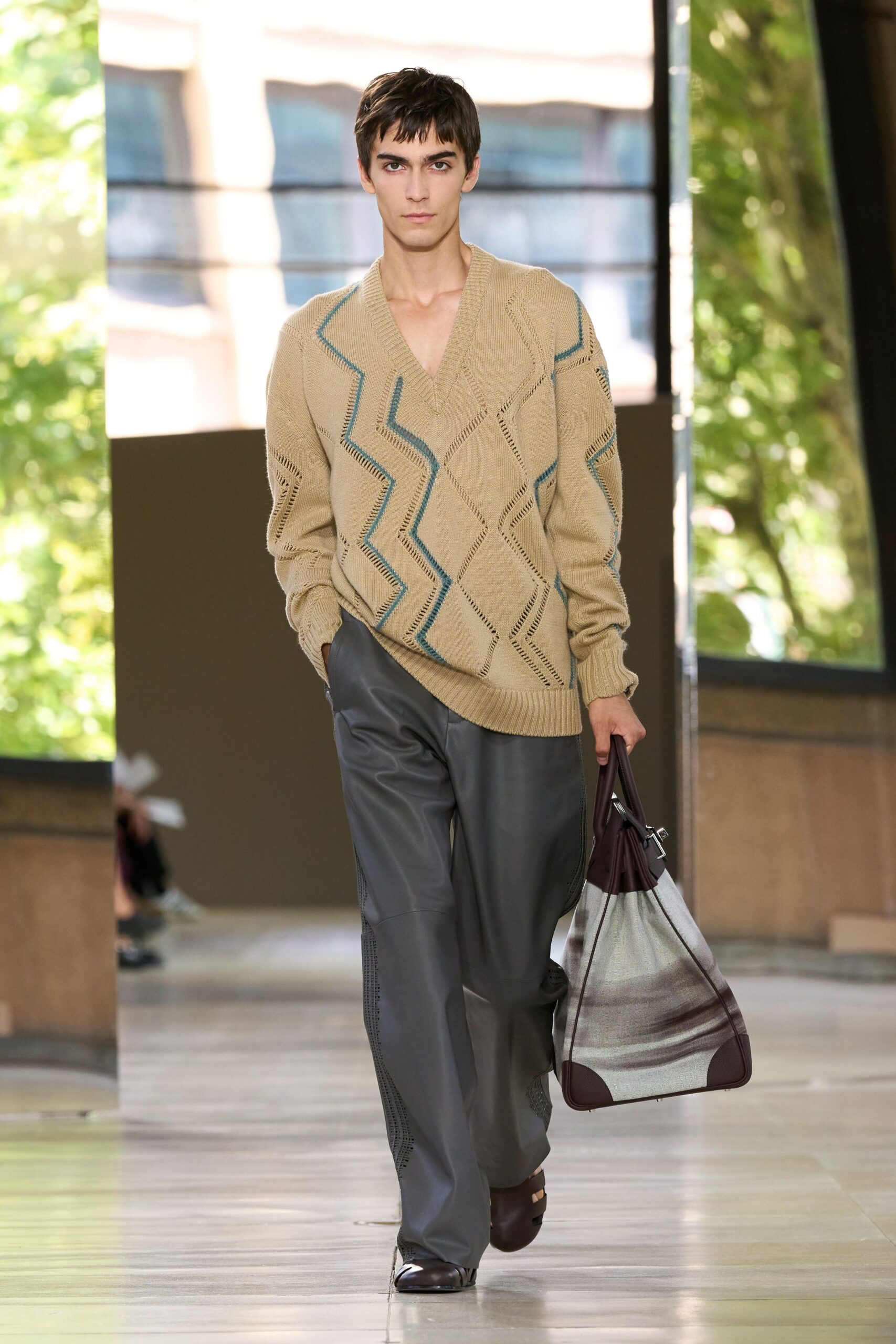 beige relaxed sweater gray tailored pants