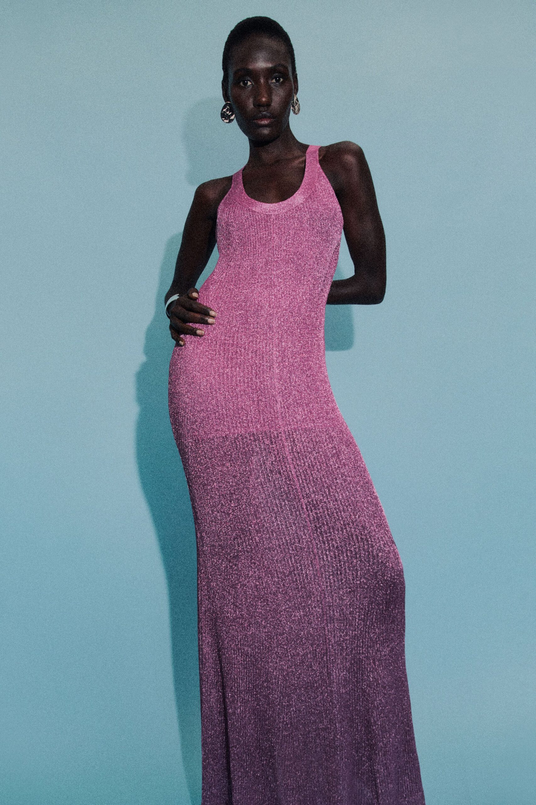 fitted pink knit maxi dress