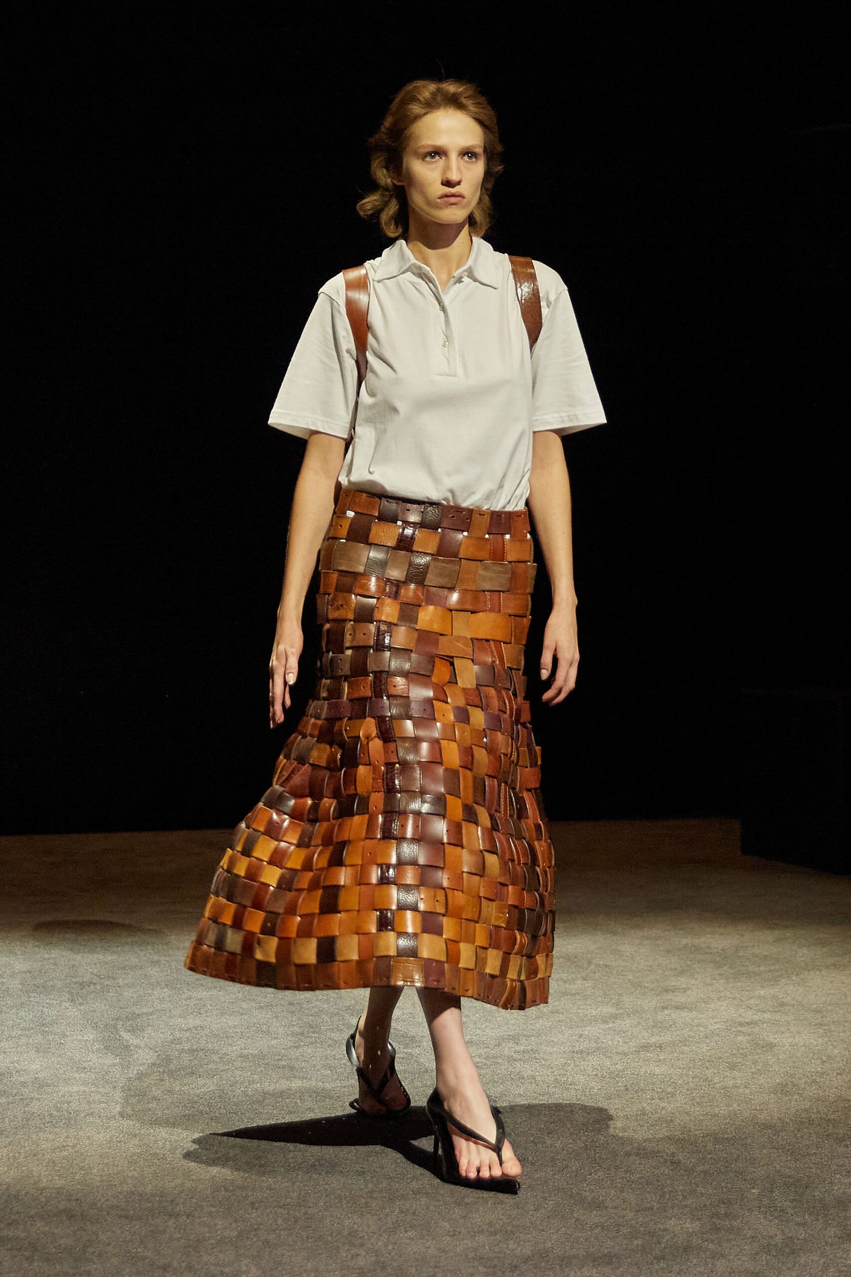 brown leather fitted pleated maxi skirt