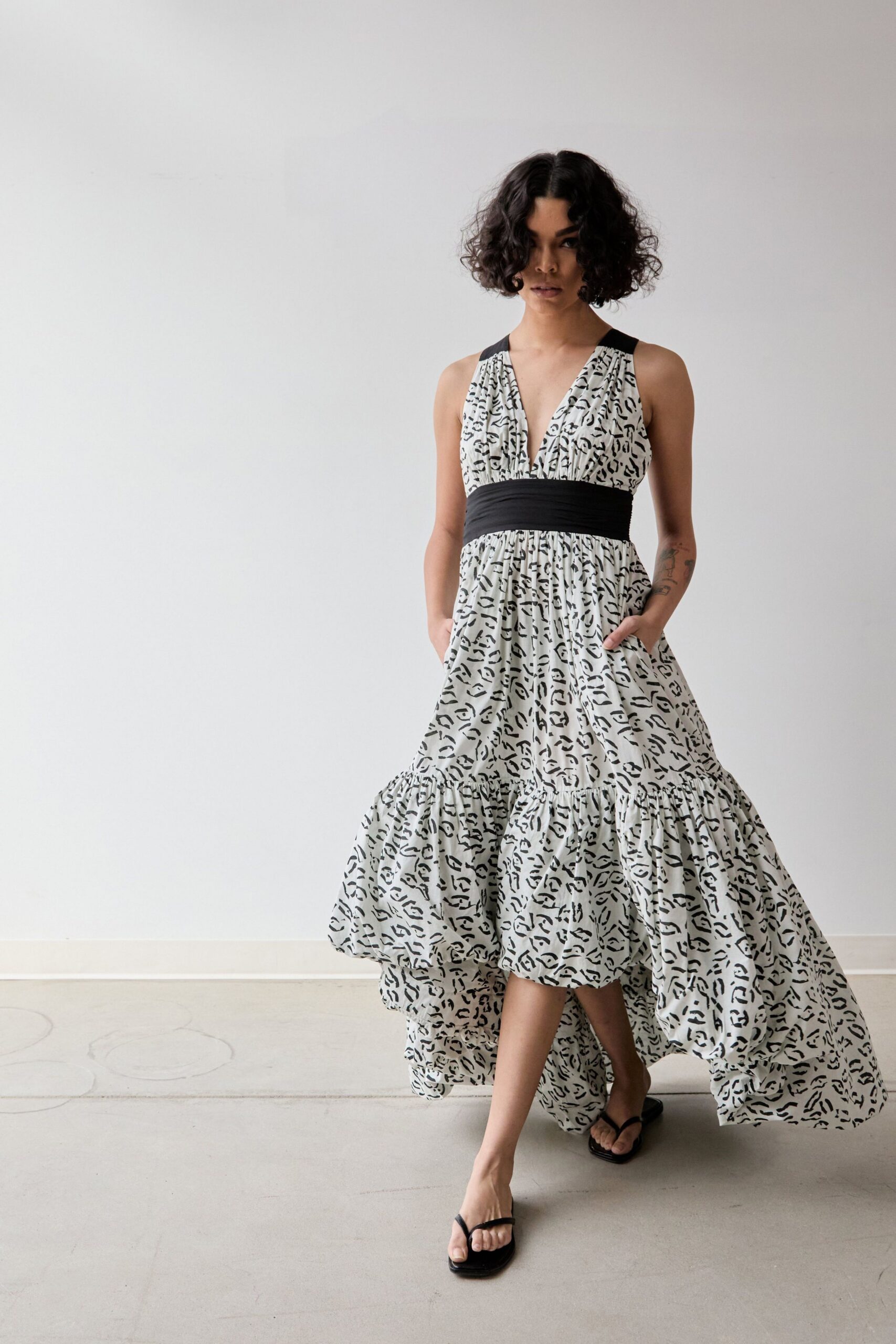 white and black printed maxi dress