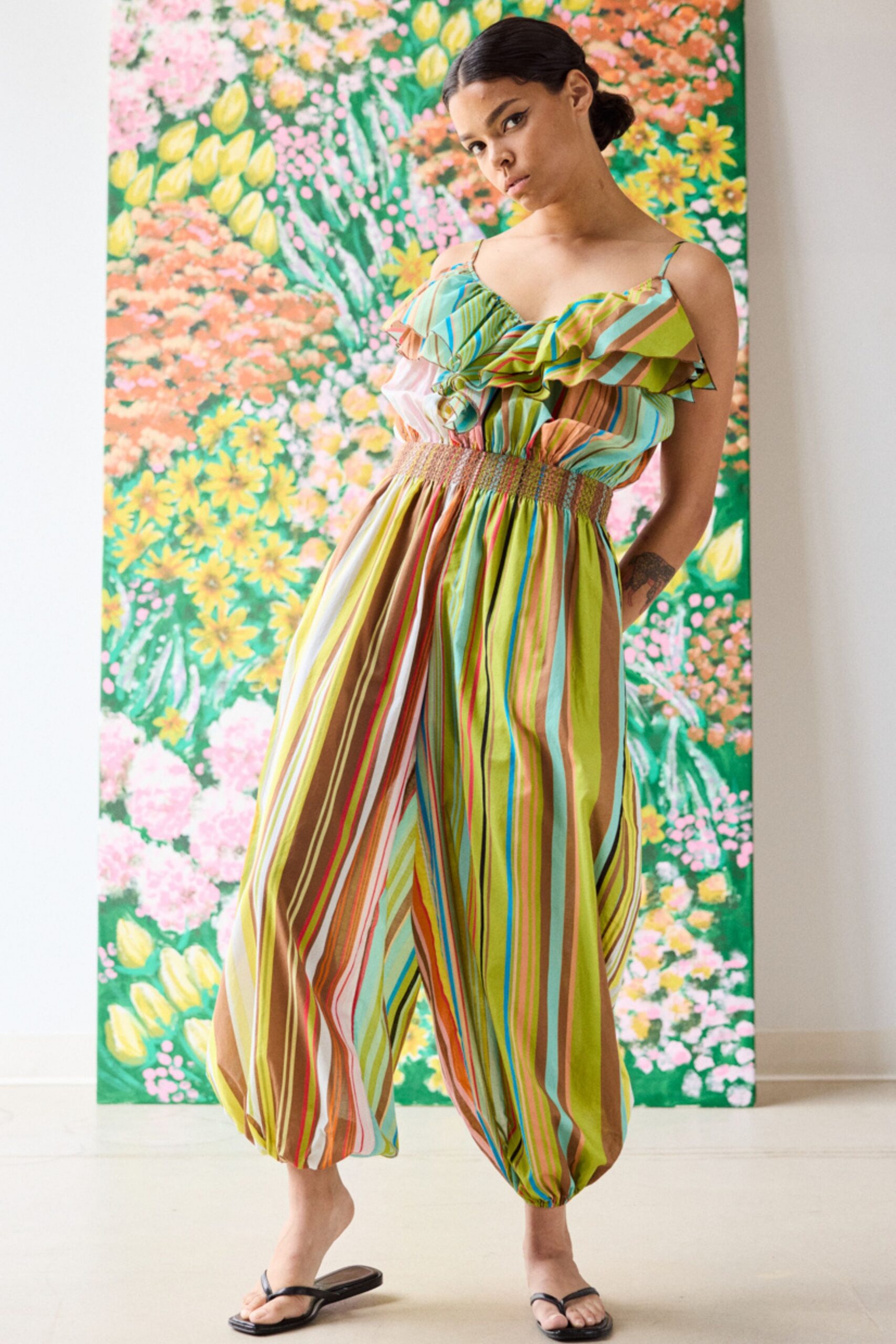 green cotton sleeveless v-neck relaxed striped ruffled jumpsuit