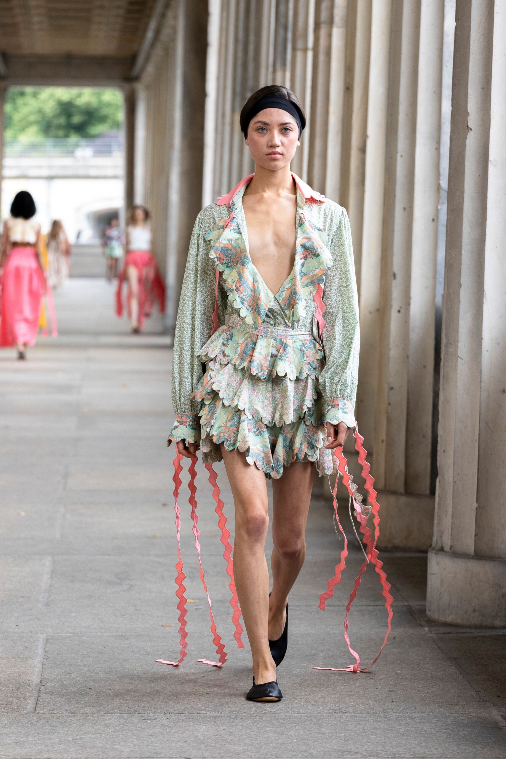 green silk long-sleeve v-neck fitted ruffled flared dress