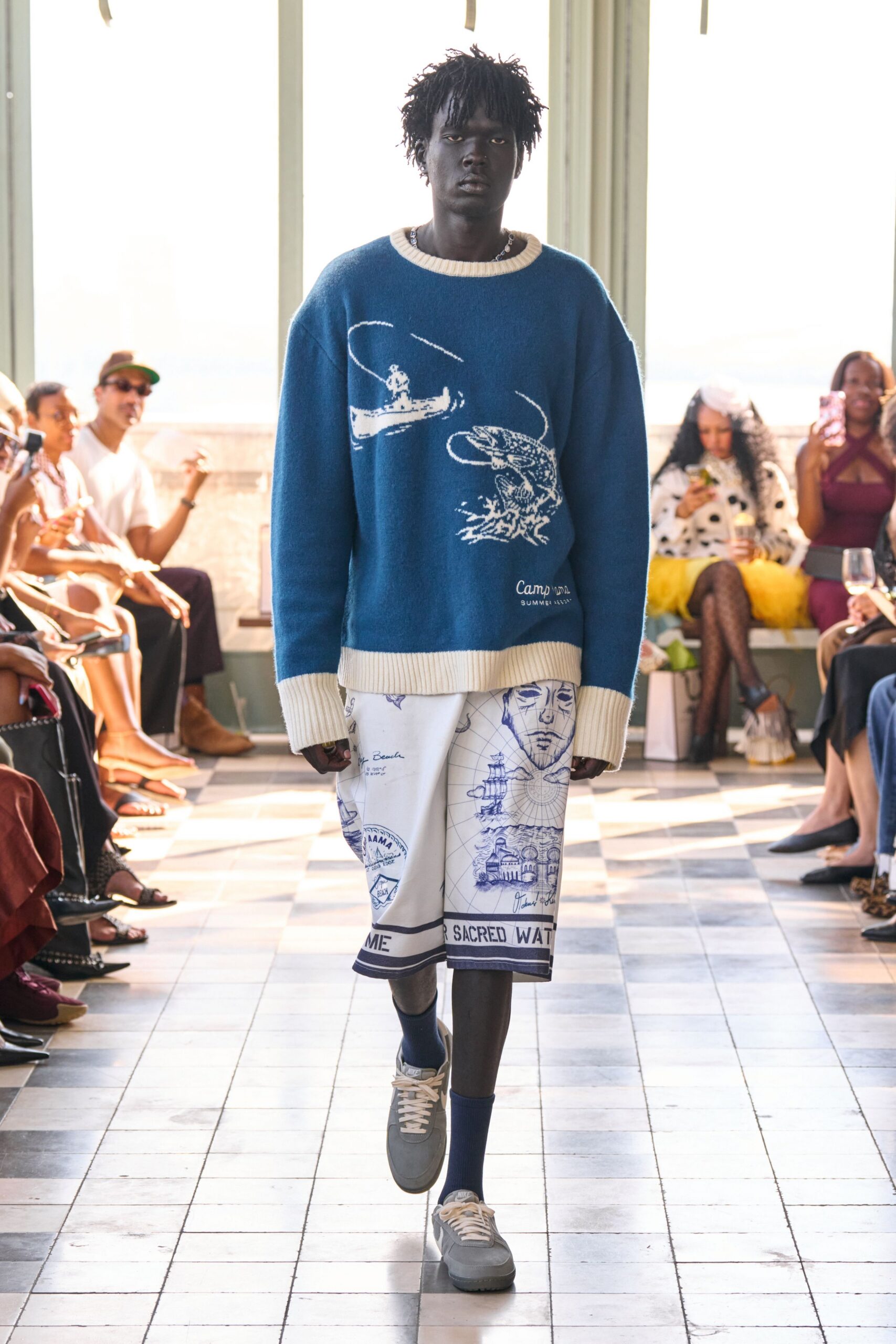 blue relaxed sweater with printed shorts