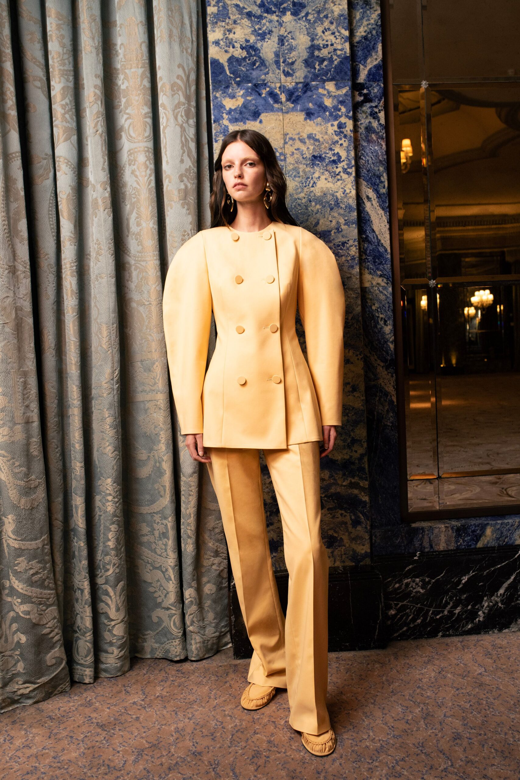 yellow leather blazer and pants