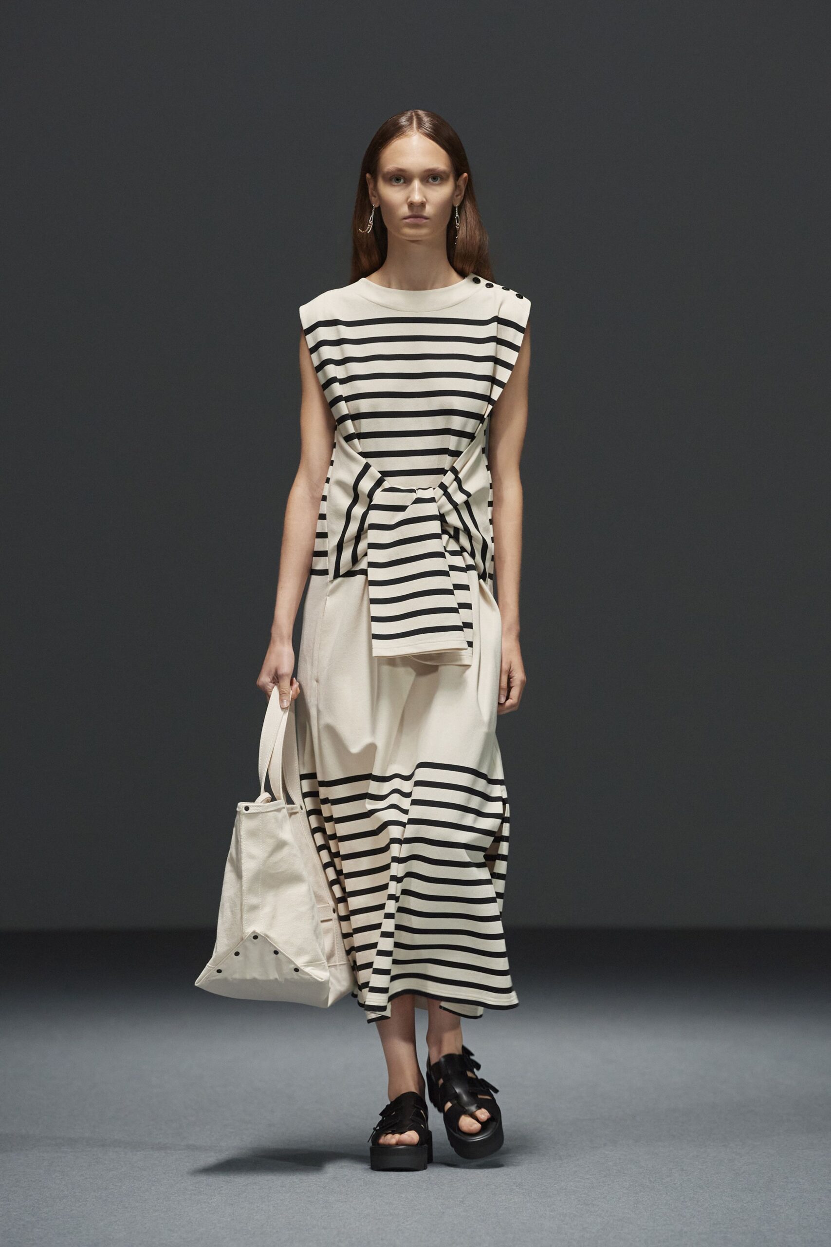 striped midi dress with bag