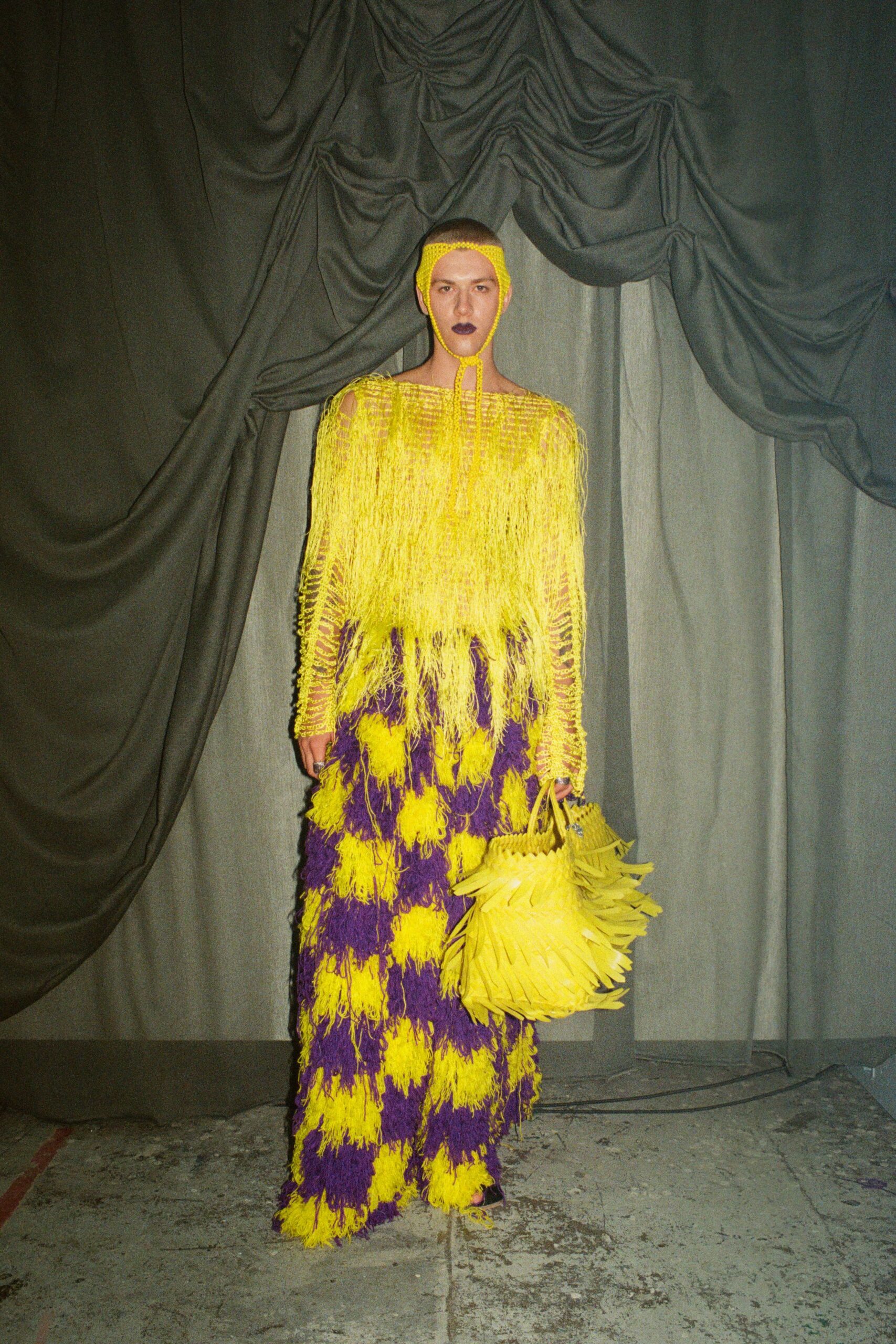 yellow cotton long-sleeve fitted fringed layered maxi dress