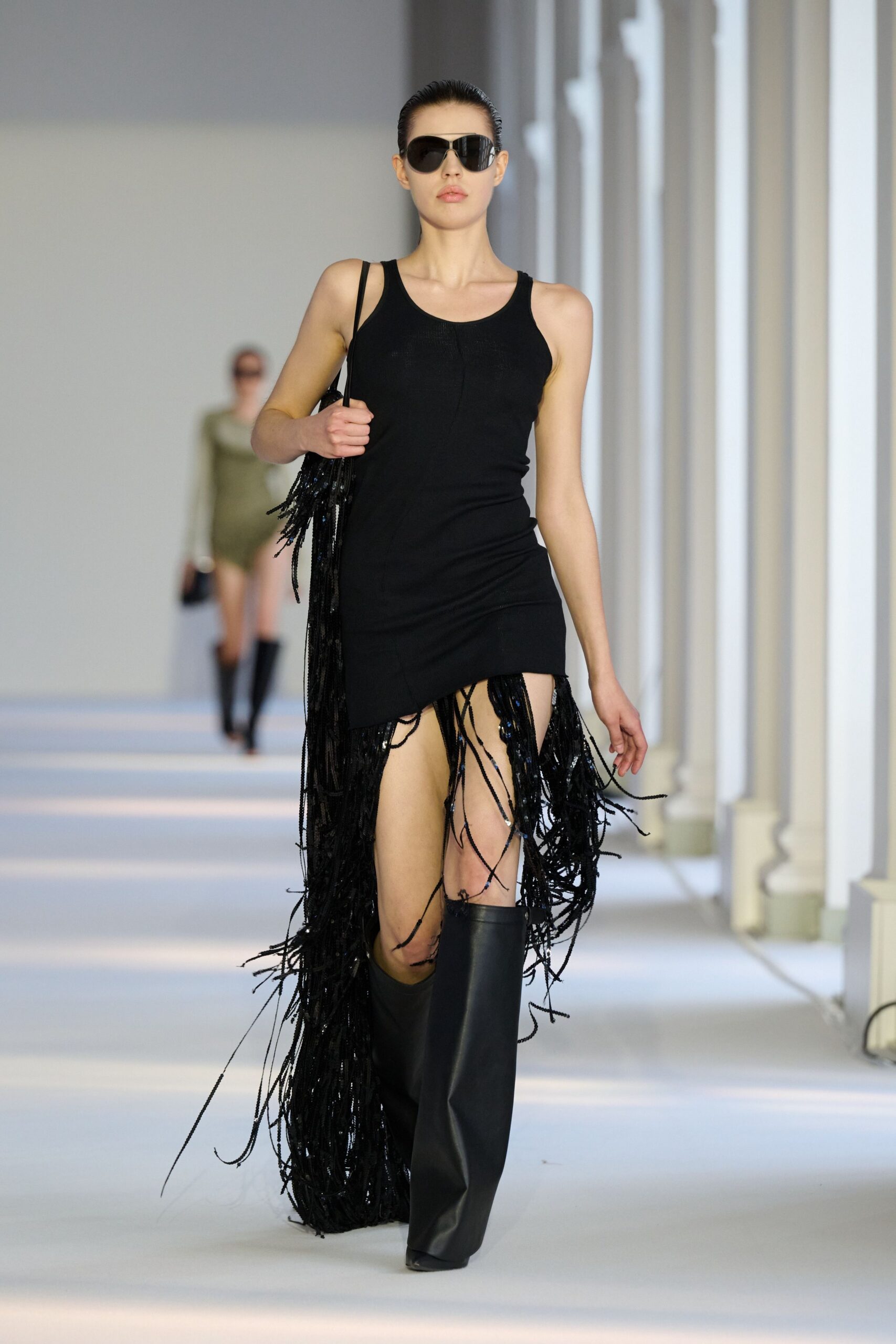 black fringed mini dress with boots