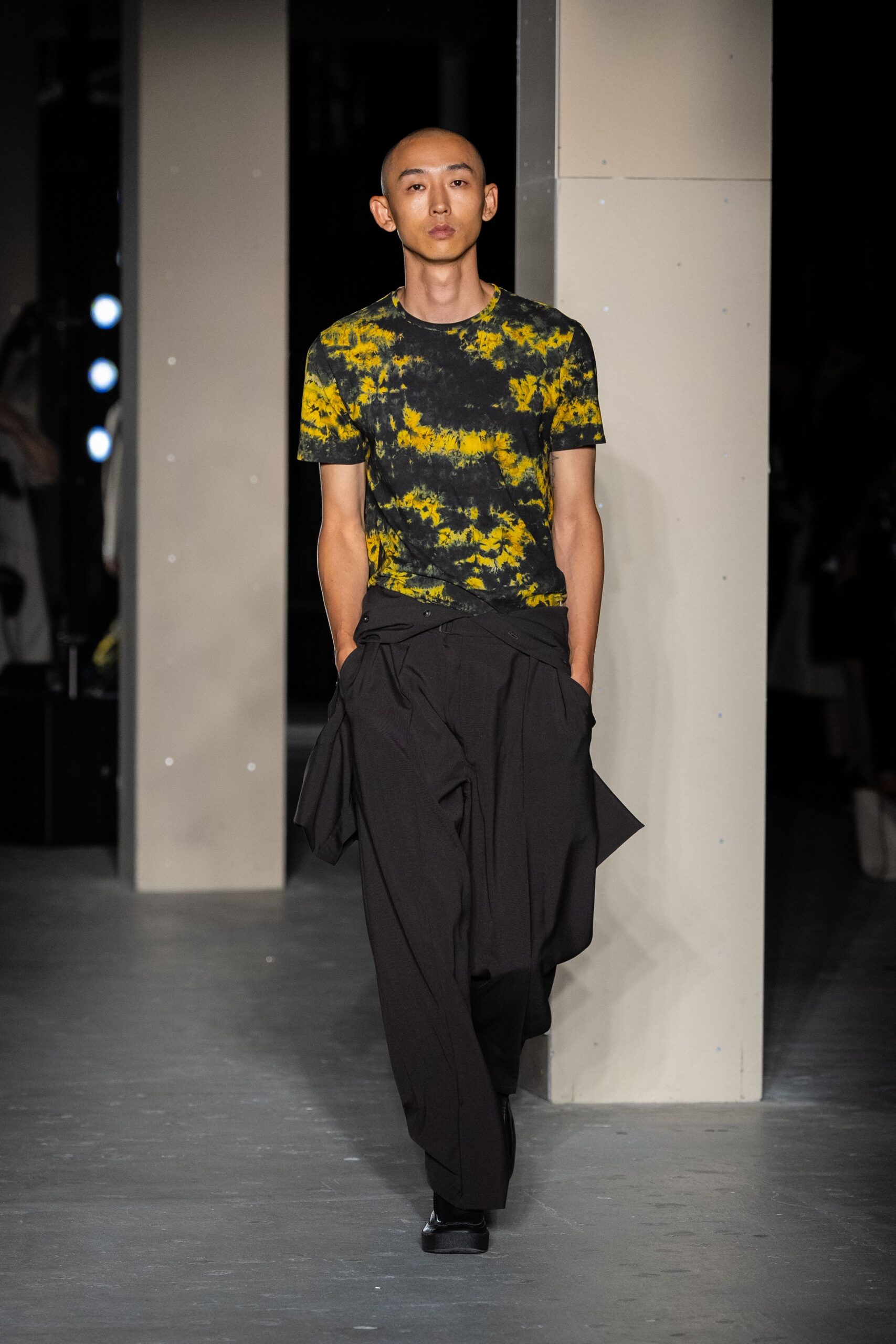 yellow and black printed t-shirt with relaxed pants