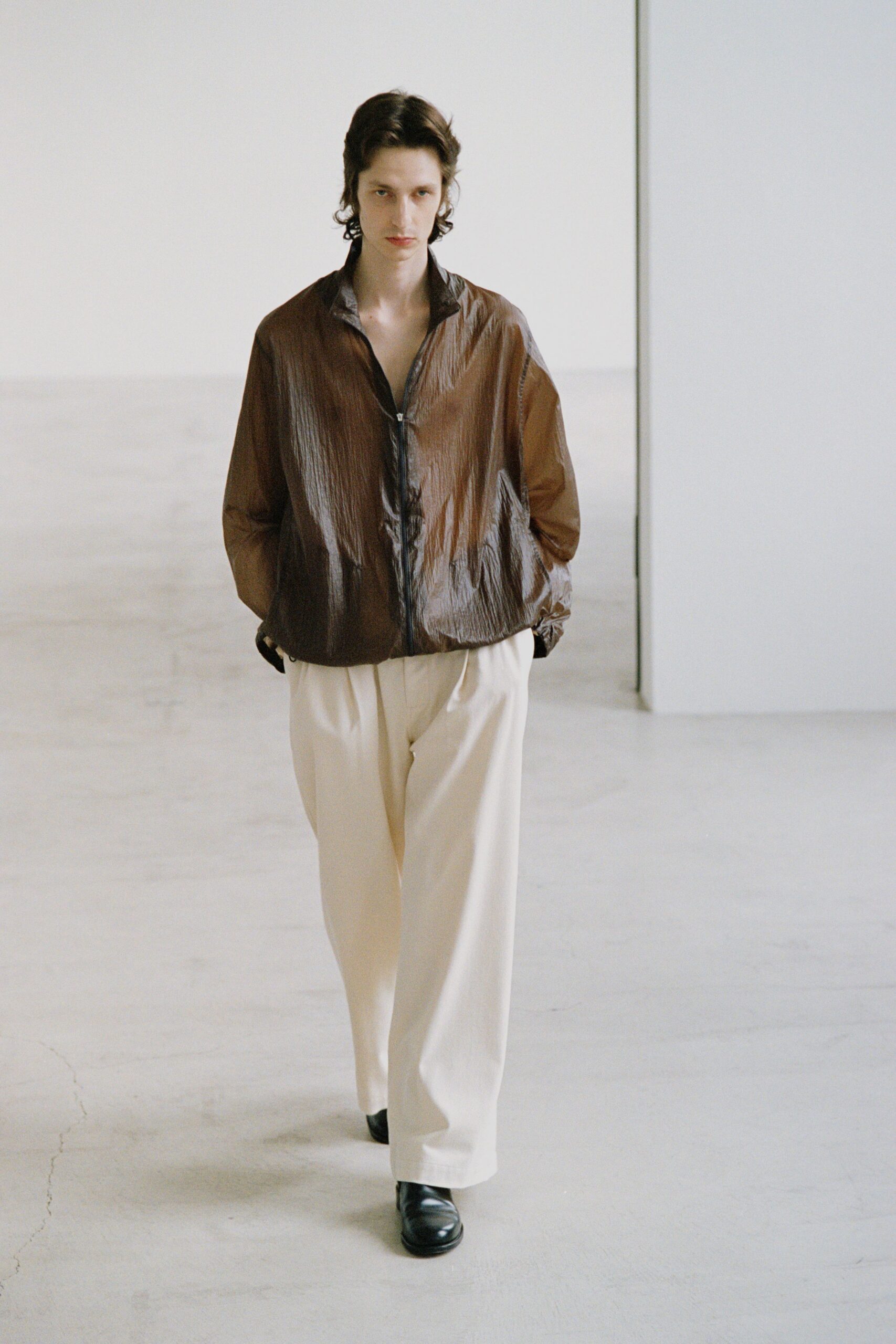 brown silk long-sleeve collared relaxed textured shirt
