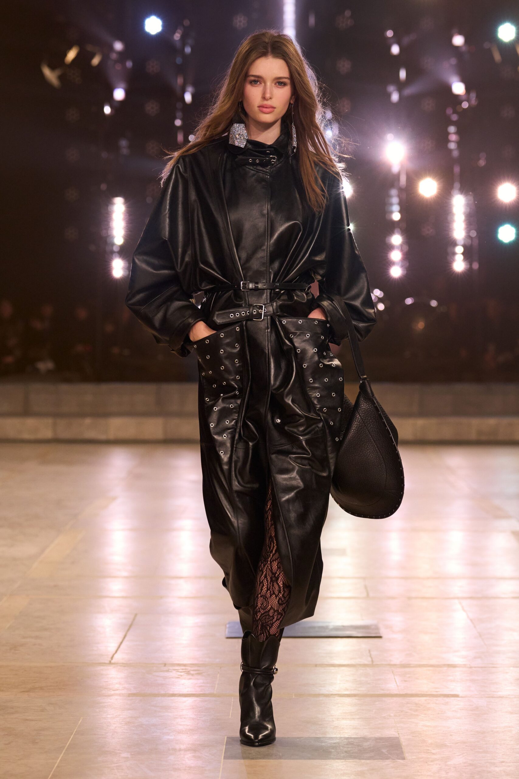 black leather long-sleeve collared relaxed zippered belted coat