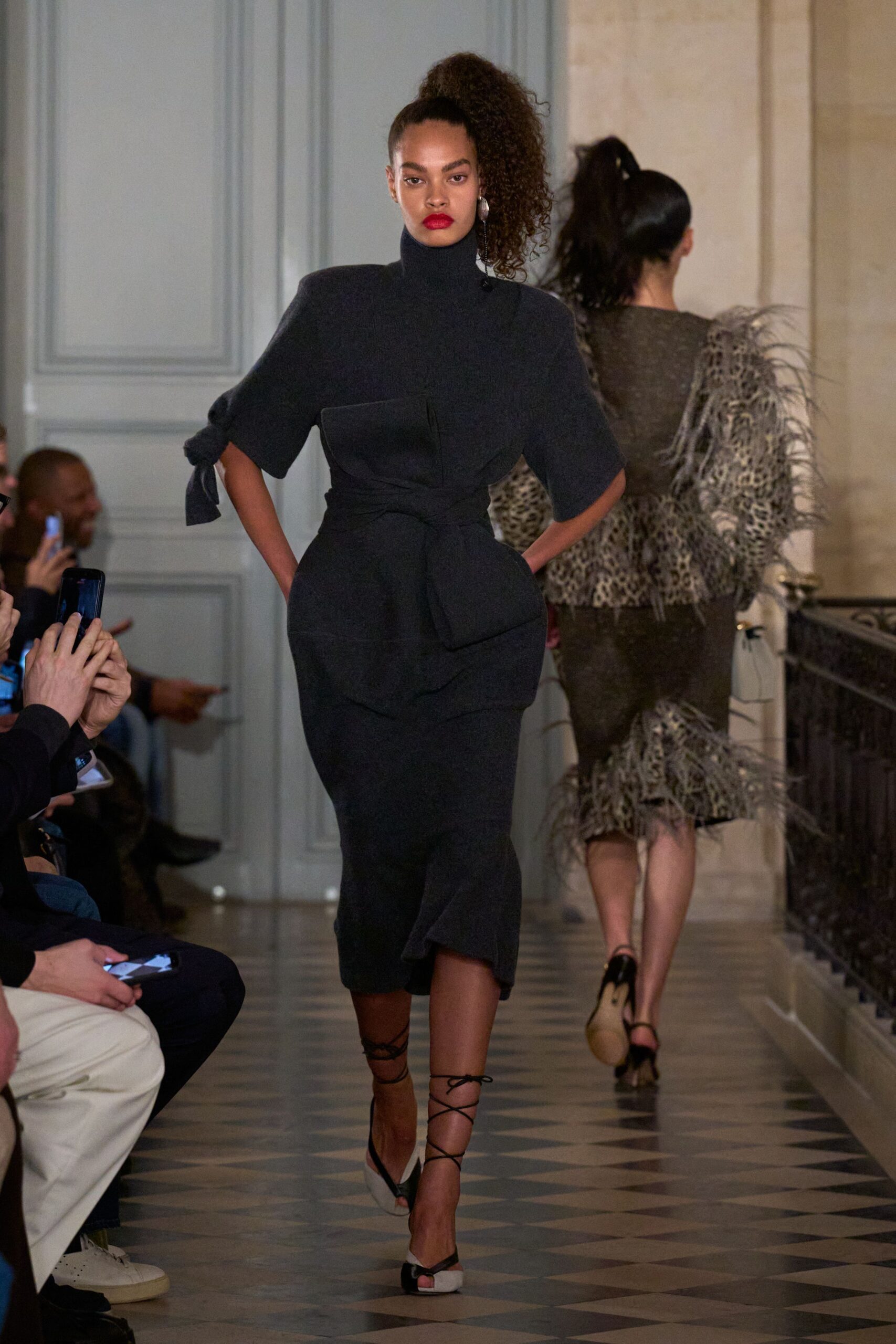 gray wool long-sleeve high-neck fitted belted pencil dress