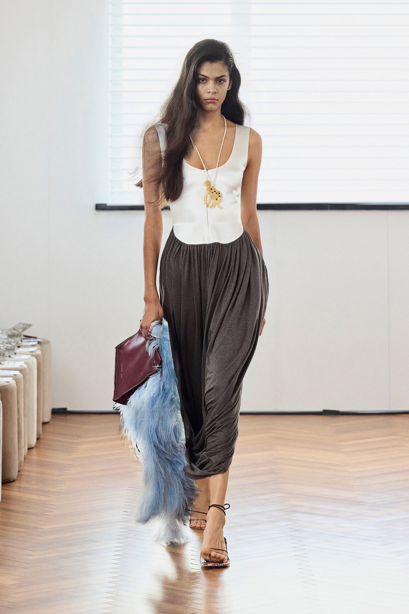 white bodysuit gray relaxed pants