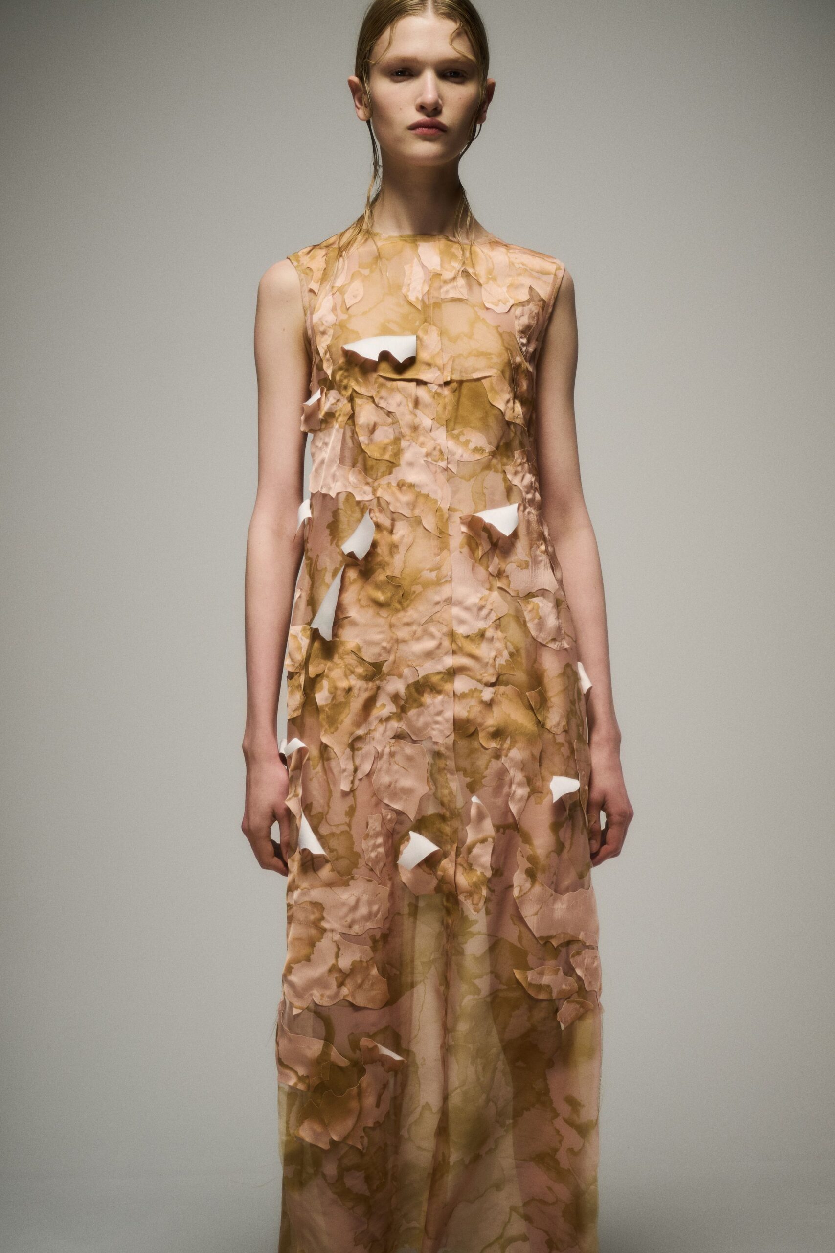 pink beige layered silk gown
