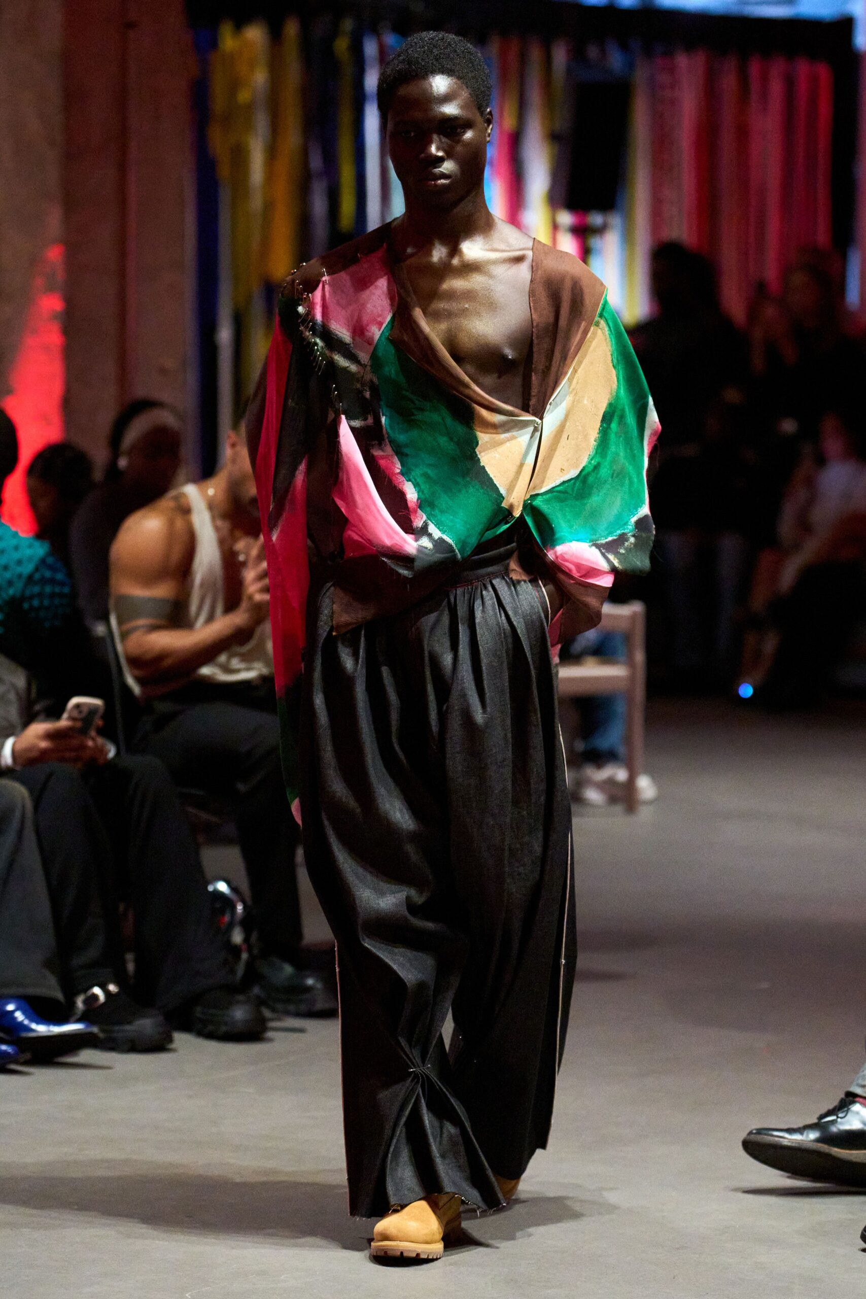 multi-colored silk top with black pants