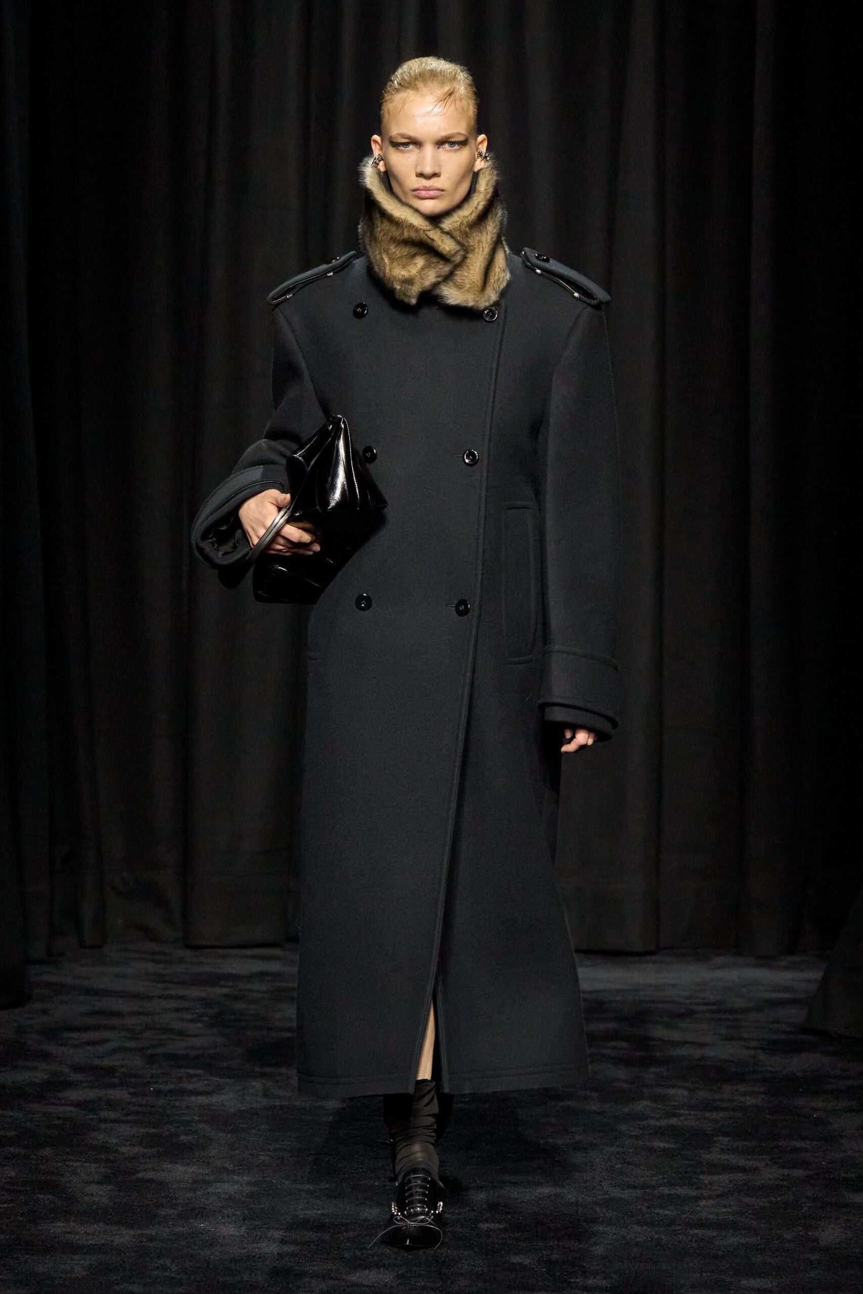 black wool coat with fur scarf